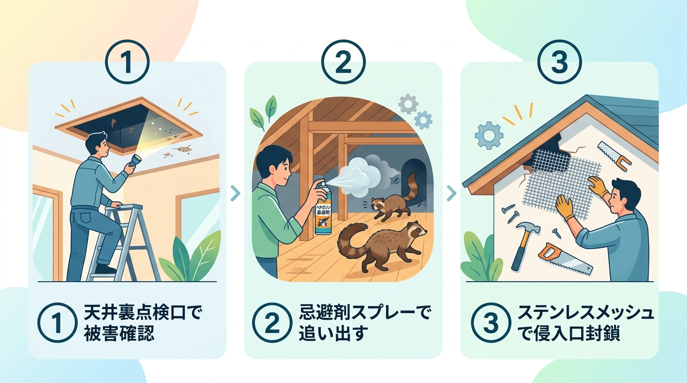 DIY対処の3ステップを横並びで示す図解。①点検口で懐中電灯を手に被害確認する人物、②忌避剤スプレーでハクビシンを追い出す場面、③ステンレスメッシュで侵入口を封鎖する作業。丸数字①②③と日本語ラベル付きのフラットデザイン。