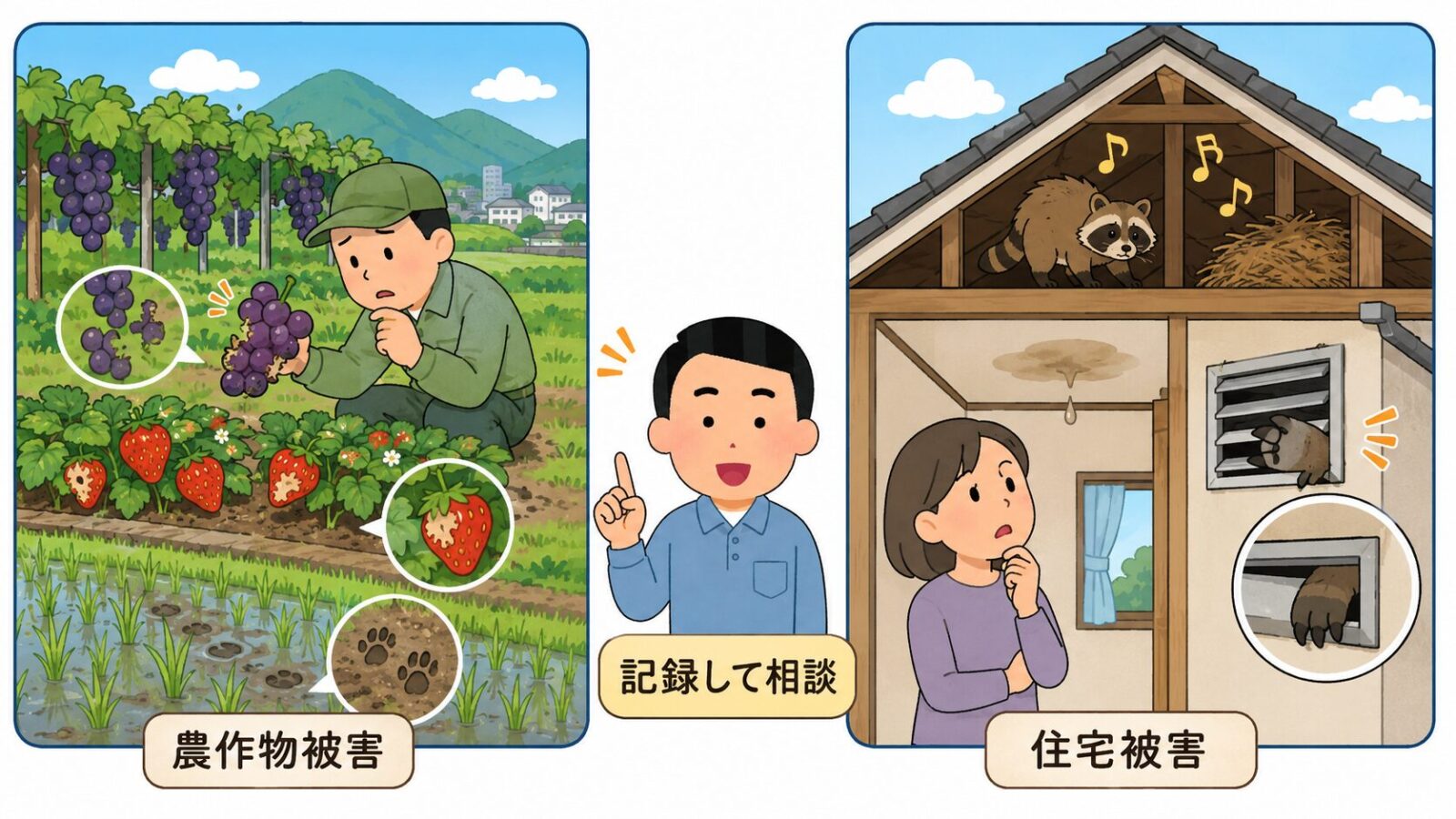栃木市の農作物被害と住宅被害で、公式窓口への相談と民間業者による建物対策の違いを比較した図解