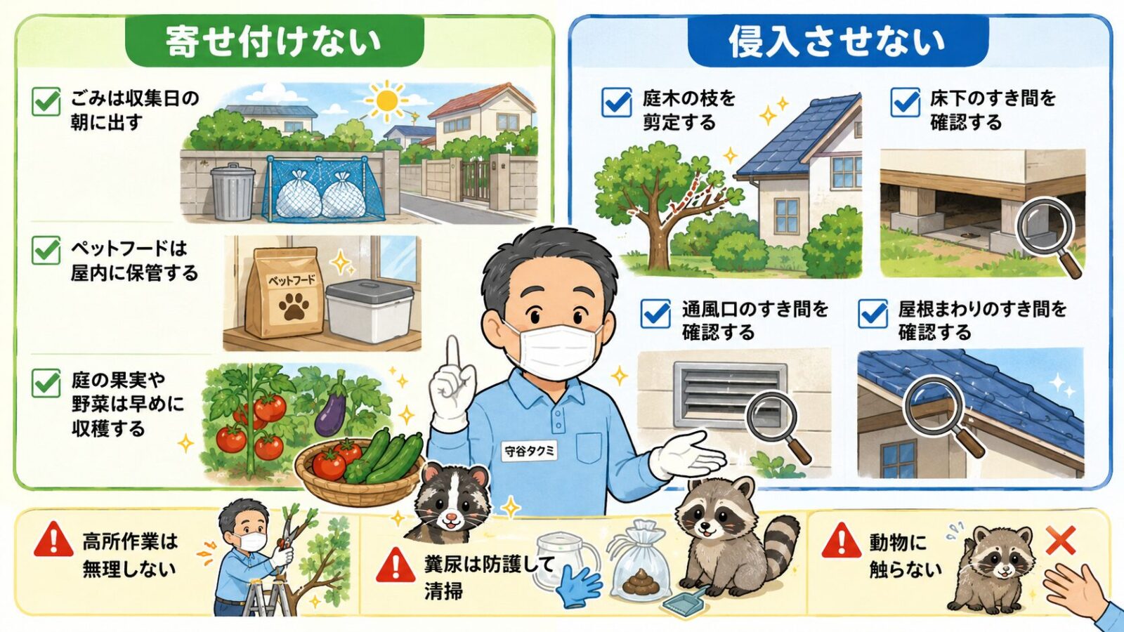 生ごみ、ペットフード、果実、庭木、通風口など世田谷区で自分でできるハクビシン予防策を示すイラスト