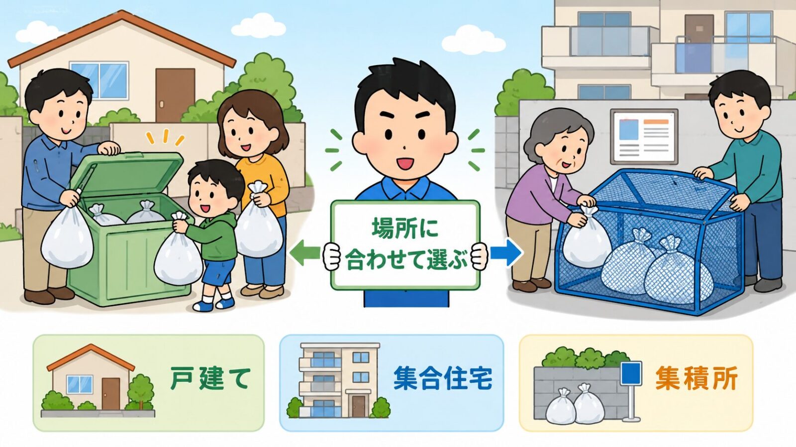 ふた付き容器とネットボックスを、戸建て、集合住宅、集積所の場所に合わせて選ぶ方法を示した図解