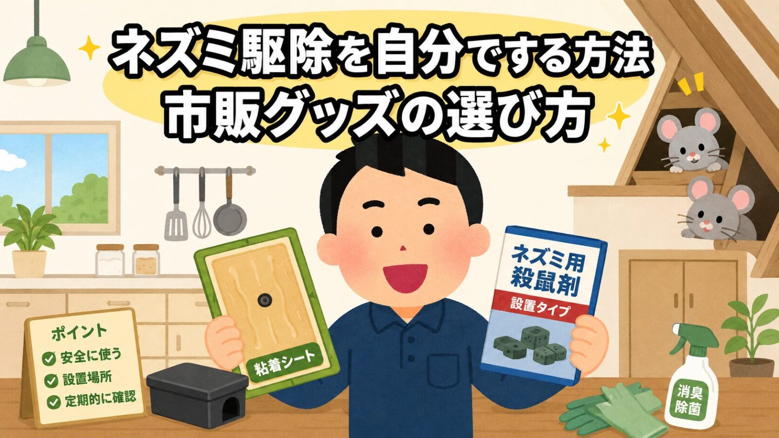 ネズミ駆除を自分でする方法のメインアイキャッチ。家の台所や天井裏で守谷タクミが粘着シートや殺鼠剤などの市販グッズを手に、自分でネズミ駆除を始めようとし、すみにキュートなネズミがのぞくいらすとや風イラスト。
