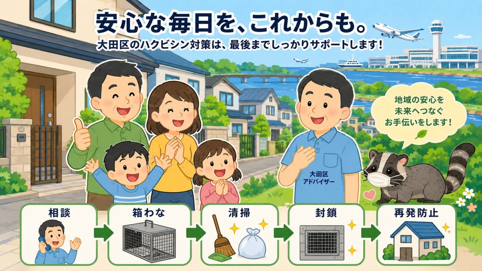 大田区のハクビシン被害が解決して安心した家族と守谷タクミを描いたまとめ画像