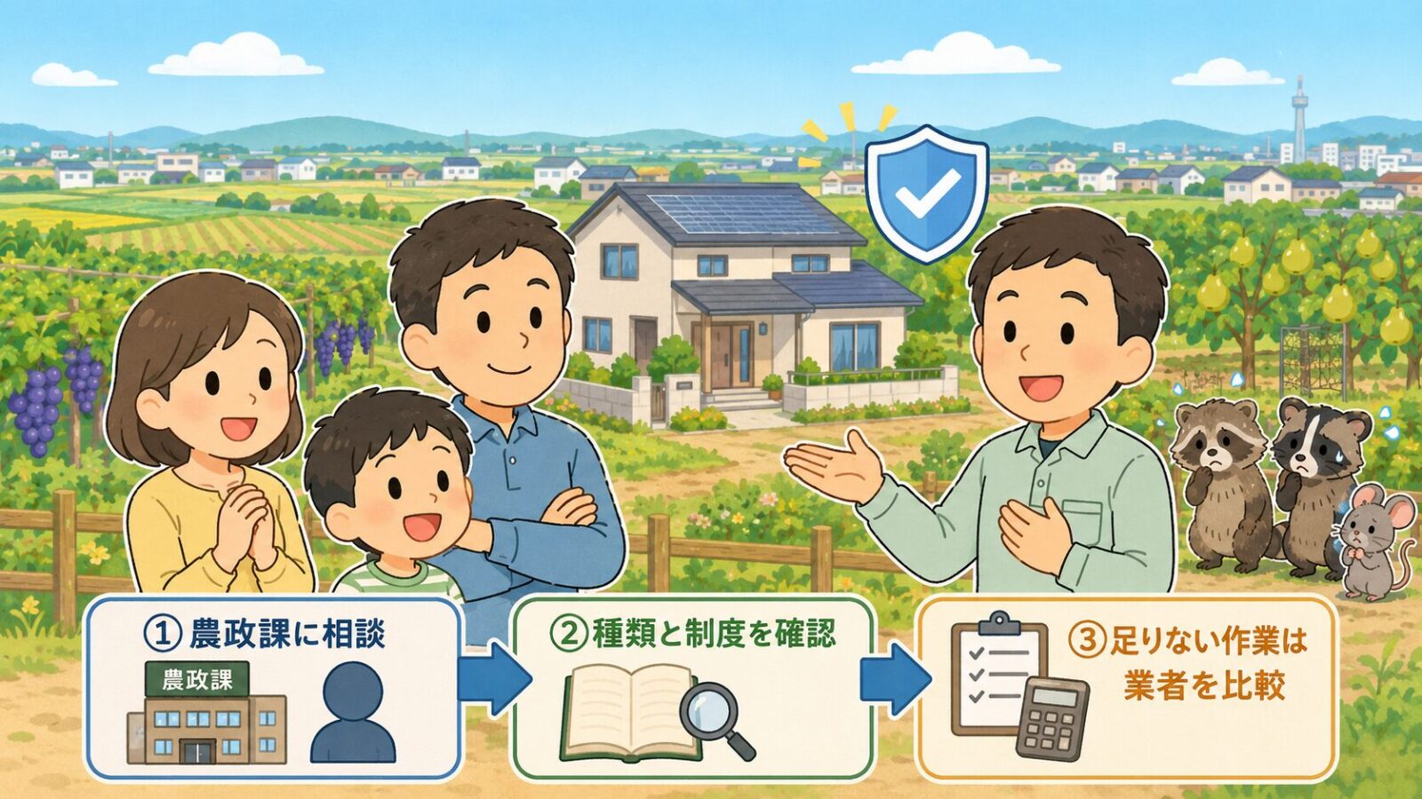 結城市の害獣駆除は、農政課への相談、種類と制度の確認、足りない作業の業者比較で進めることをまとめた図解