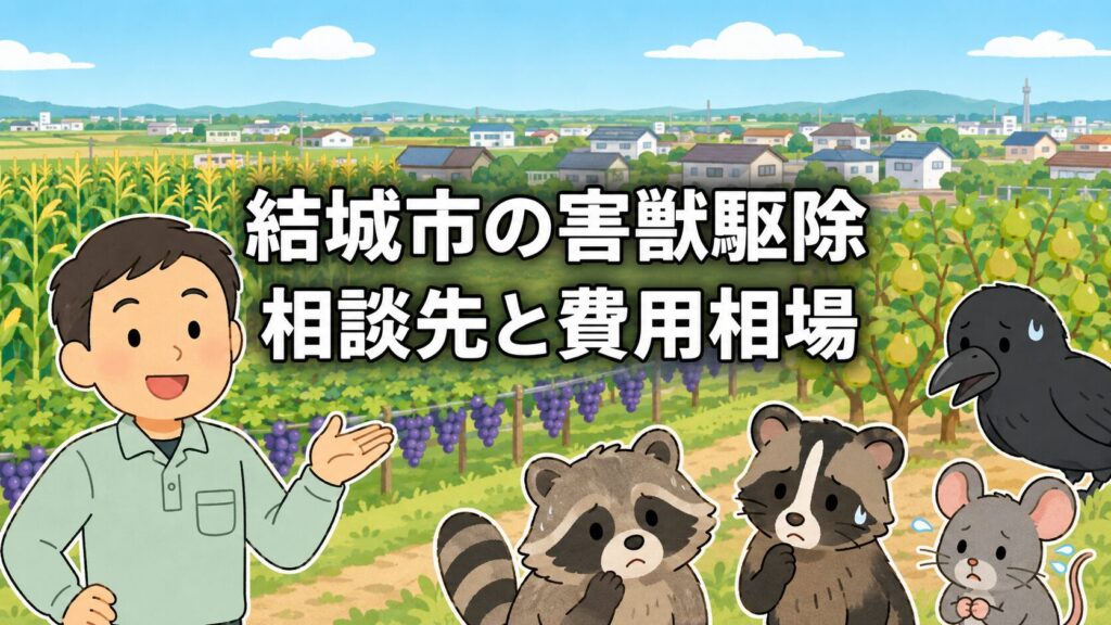 結城市の害獣駆除について、農政課への相談、捕獲許可、箱わな貸出、費用相場を示したメインアイキャッチ画像