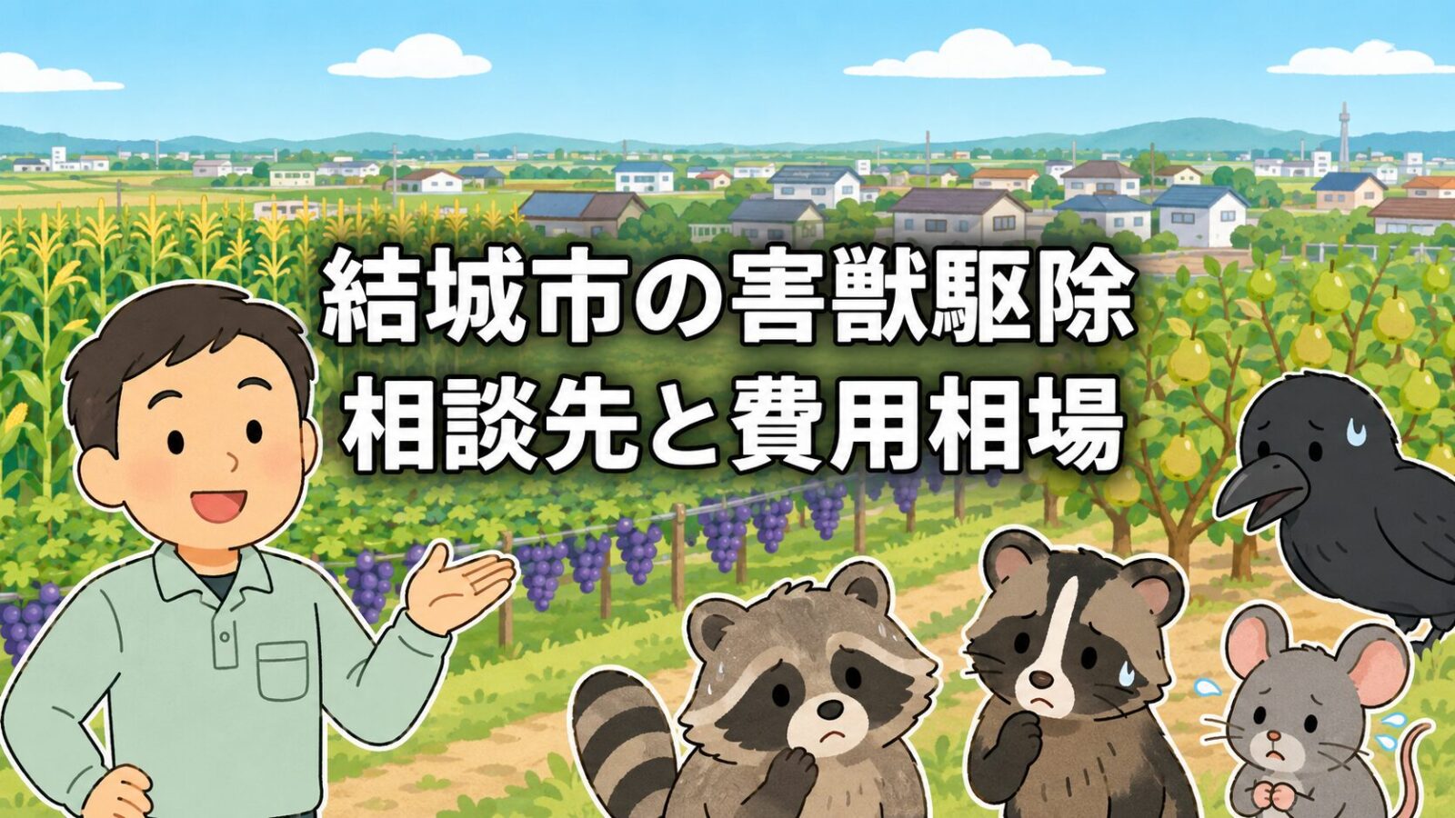 結城市の害獣駆除について、農政課への相談、捕獲許可、箱わな貸出、費用相場を示したメインアイキャッチ画像