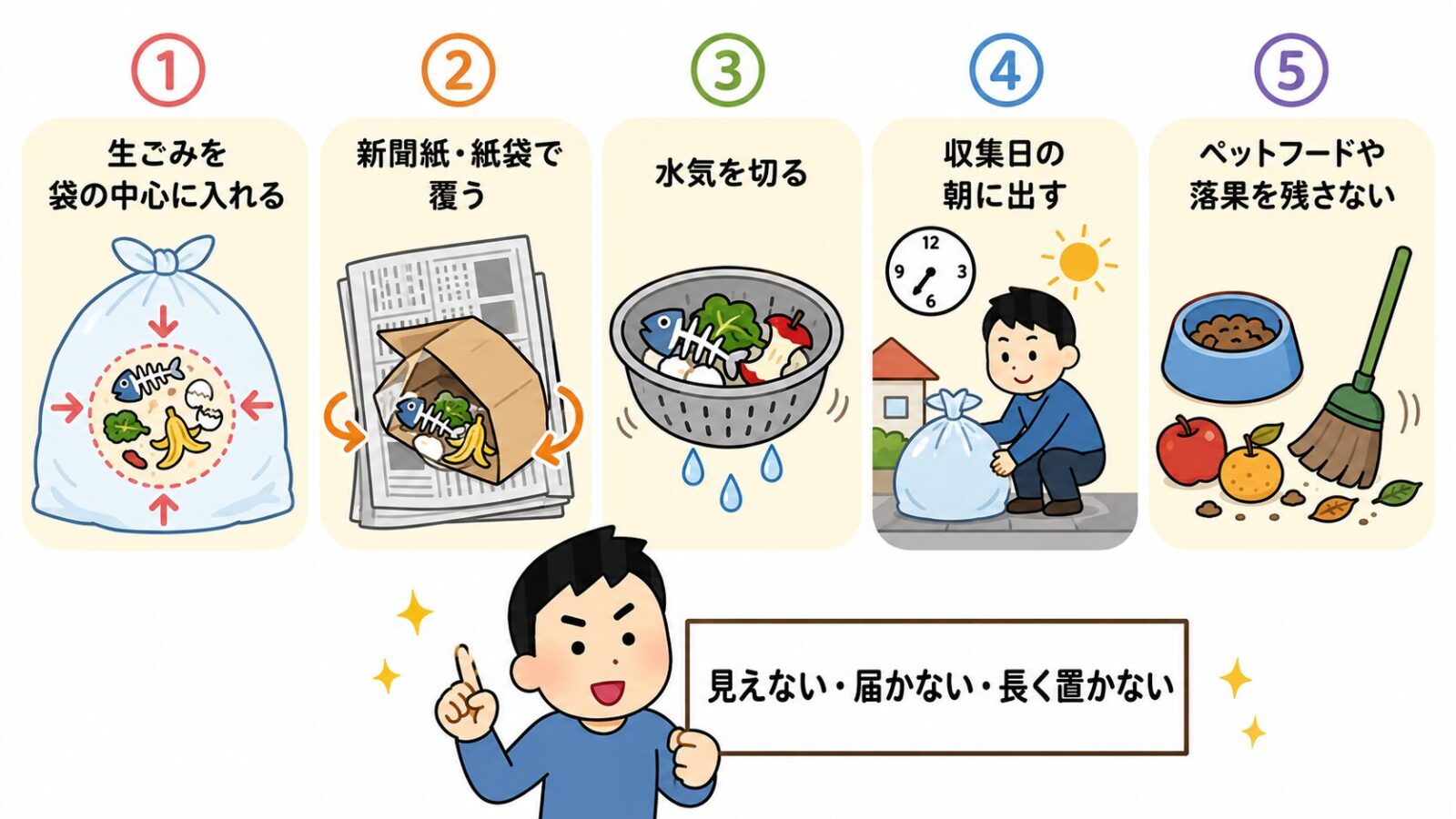 カラスのゴミ荒らし対策として、生ごみを袋の中心に入れる、紙で覆う、水気を切る、収集日の朝に出す、餌場を残さない5ステップを示した図解