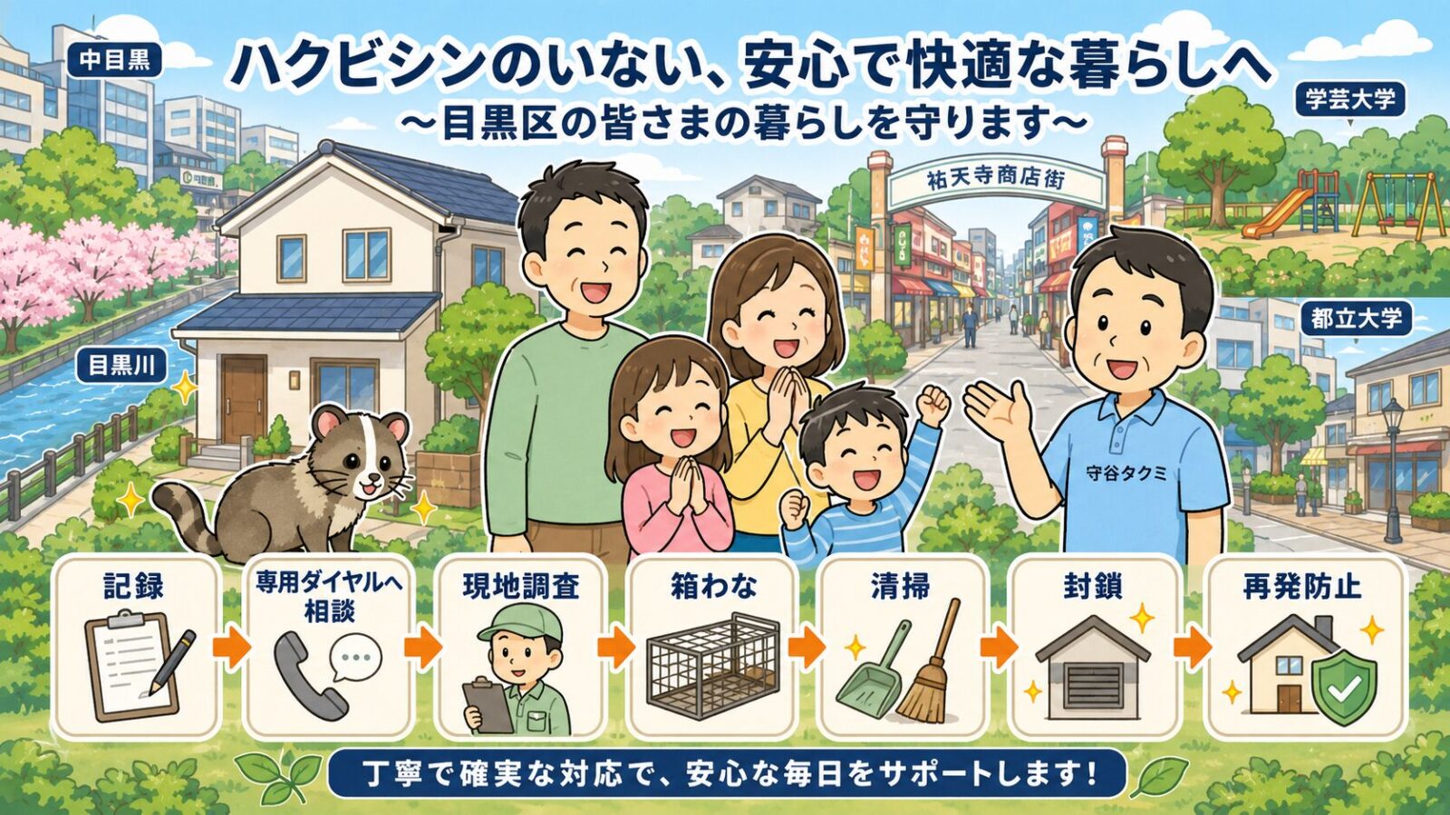 目黒区のハクビシン被害が解決して安心した家族と守谷タクミを描いたまとめ画像
