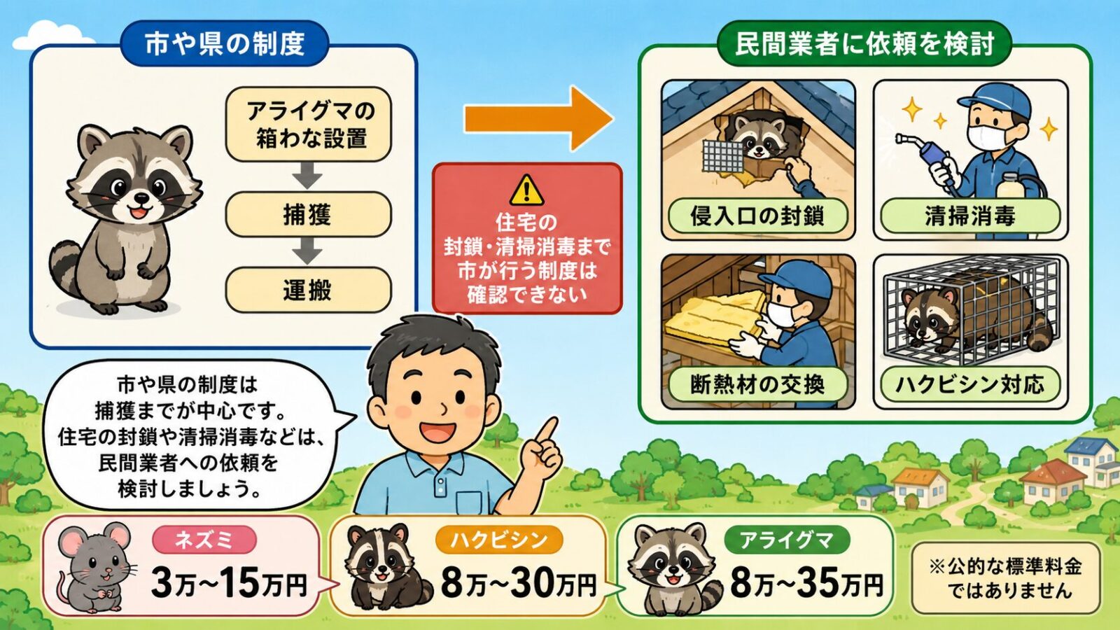 取手市で市の制度だけでは完結しない作業と費用相場を示す図。市や県の制度（アライグマの箱わな設置・捕獲・運搬）と民間業者（侵入口の封鎖・糞尿の清掃消毒・断熱材の交換・ハクビシン対応）の役割分担を矢印でつなぎ、住宅の封鎖・清掃消毒まで市が行う制度は公式資料上は確認できないこと、費用は民間業者に依頼する場合の参考目安で公的な標準料金ではないことを注記するいらすとや風イラスト。