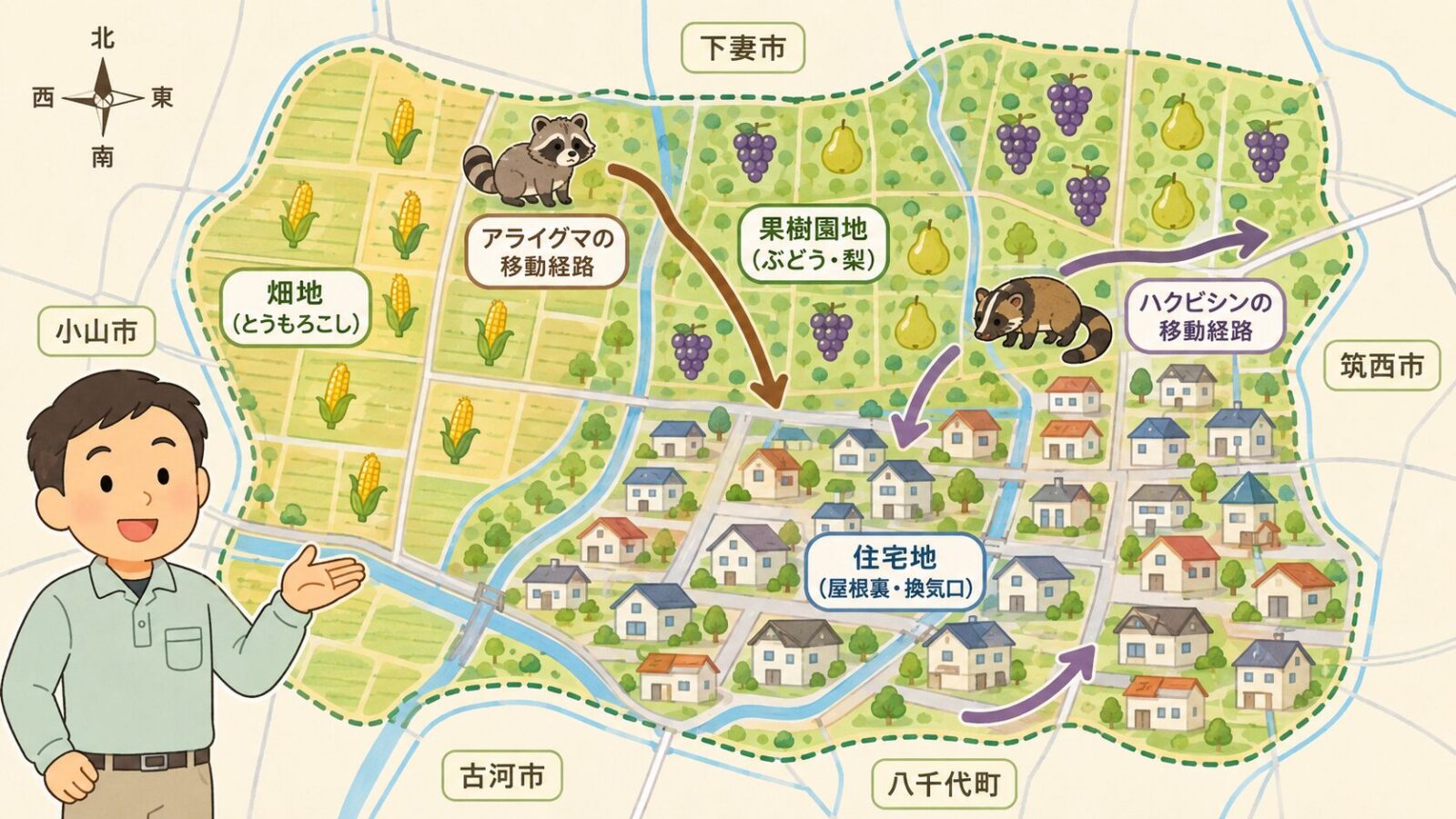 結城市の農地、果樹園、住宅地、水路沿いで害獣の点検ポイントが変わることを地図風に示した図解