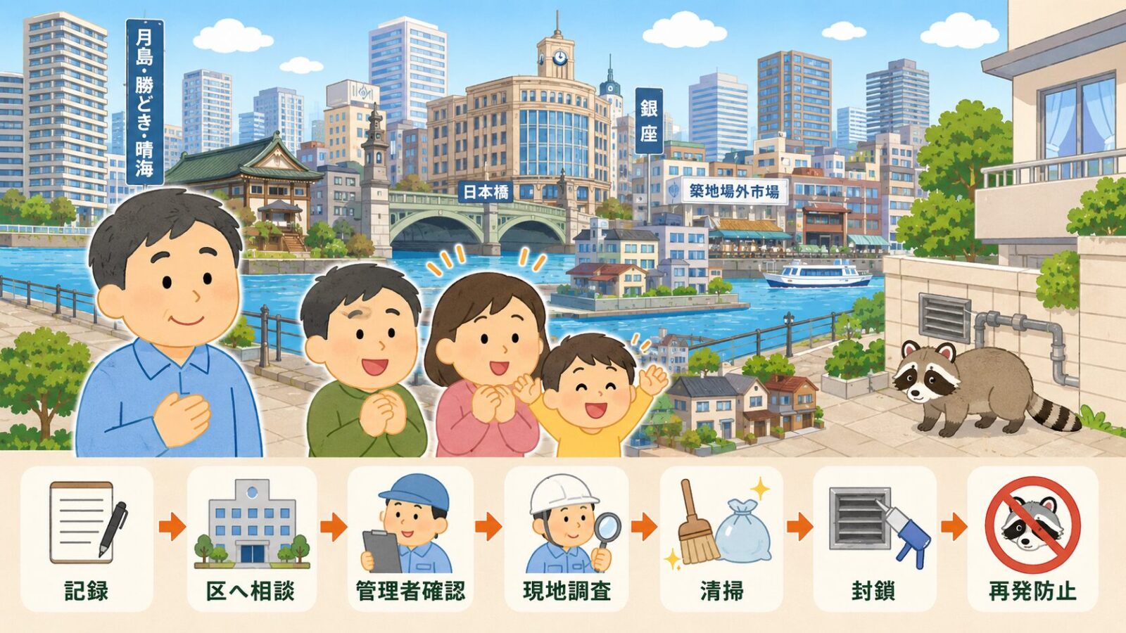 中央区のハクビシン被害が解決して安心した家族と守谷タクミを描いたまとめ画像