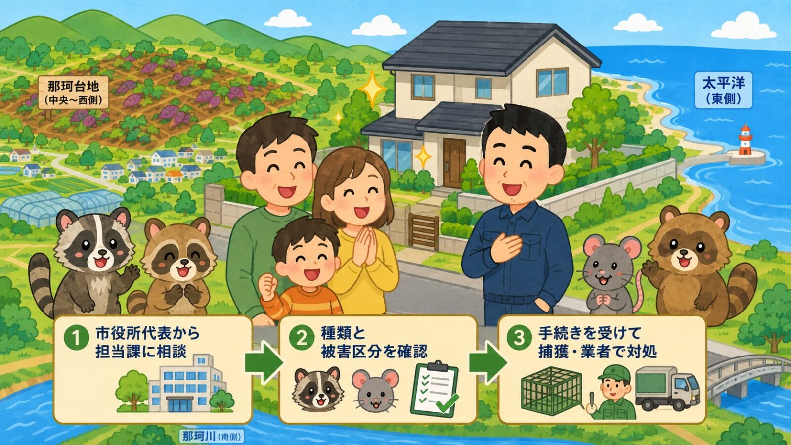 ひたちなか市の害獣駆除のまとめ図。市役所代表から担当課（アライグマは県公式窓口の環境政策課・農作物被害は農政課が関係する場合あり）に相談・害獣の種類と被害区分を確認・手続きを受けて捕獲・足りない作業は業者を比較の流れと、費用は参考相場で現地調査で変動・急がず複数社を比較という注意を、被害が解決して安心する家族とともに守谷タクミが示すいらすとや風イラスト。