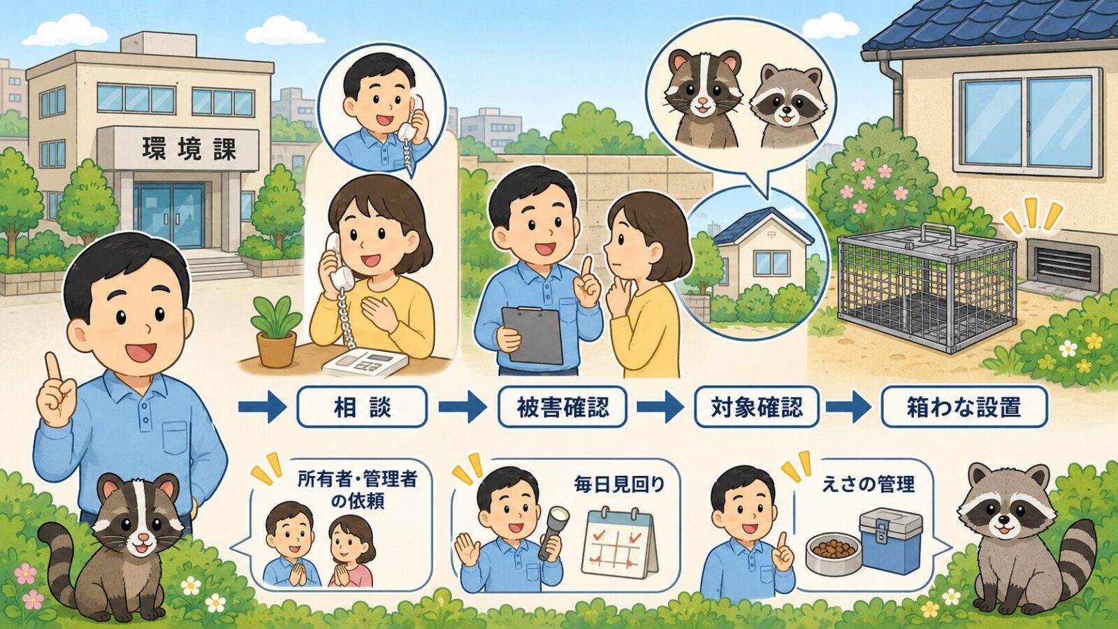 杉並区の環境課への相談、被害確認、箱わな設置の流れを示すいらすとや風図解