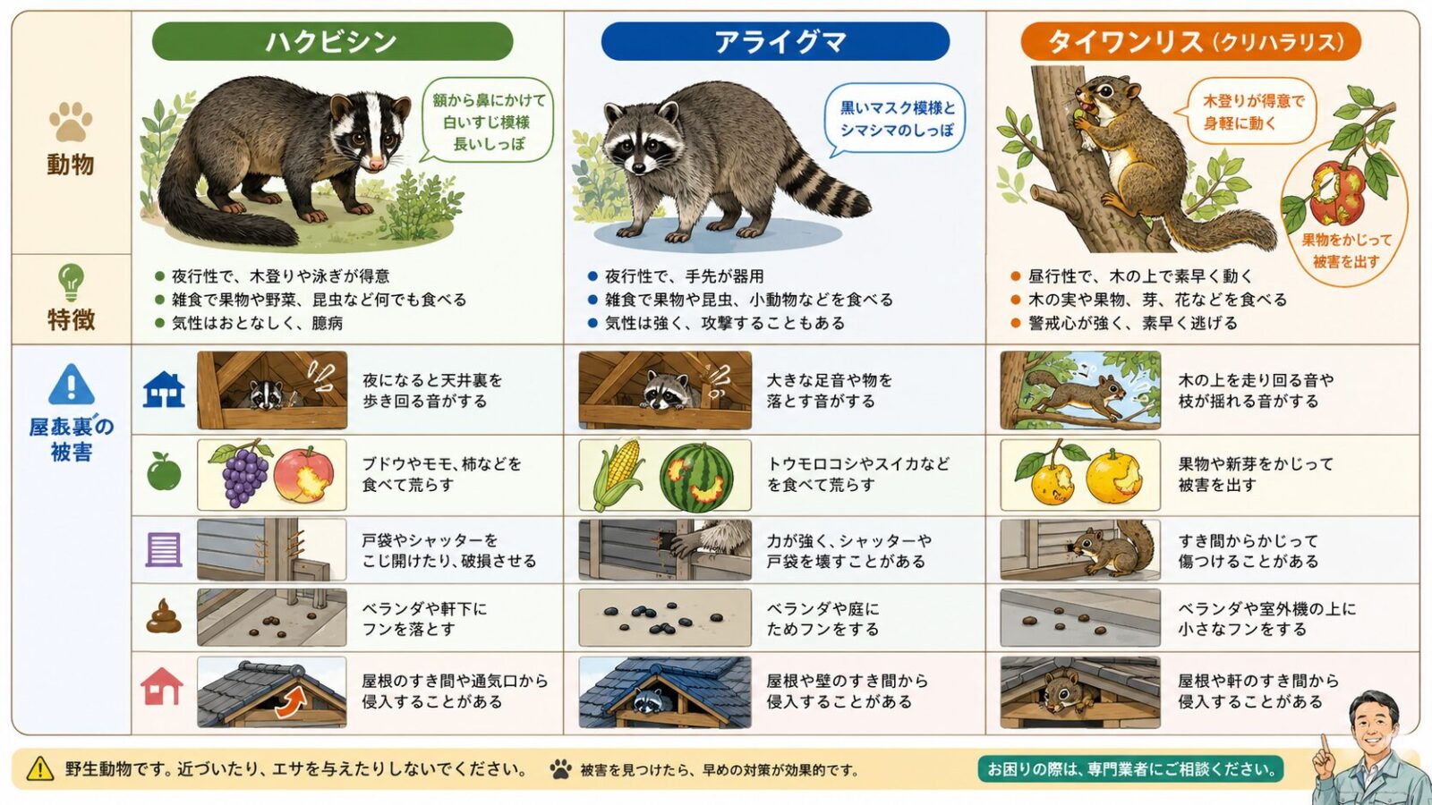 横須賀市で混同しやすいハクビシン、アライグマ、クリハラリスの特徴と被害サインを整理した図解