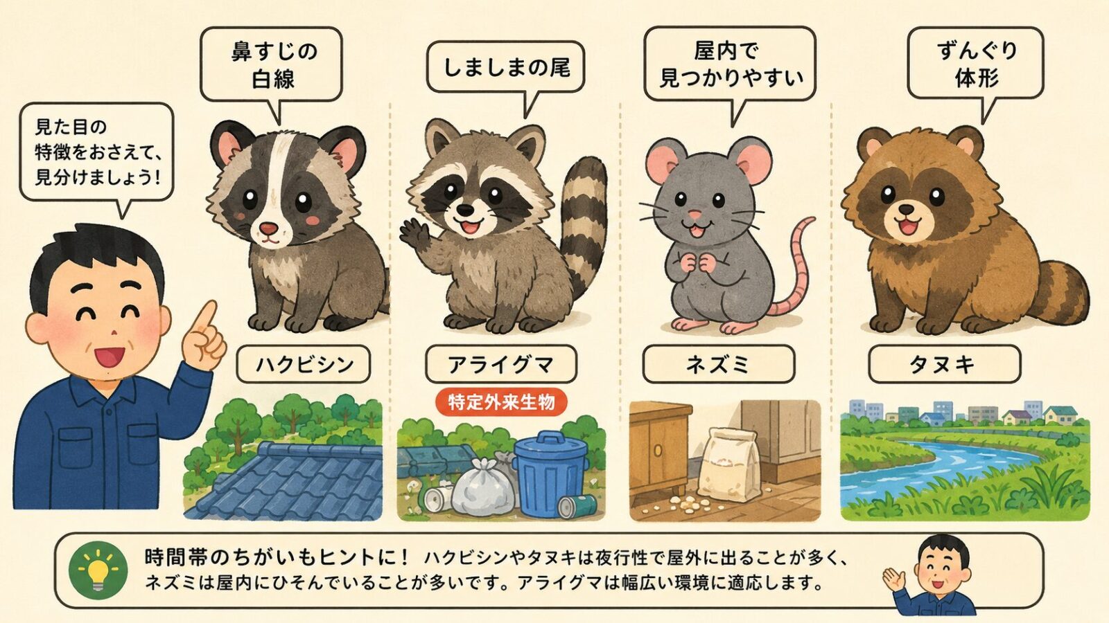 ひたちなか市で見られる害獣を整理した図。ハクビシン（夜行性・屋根裏に侵入）・アライグマ（特定外来生物）、住宅内で注意したいネズミ、那珂川や緑地の周辺で見られるタヌキを守谷タクミが解説するいらすとや風イラスト。