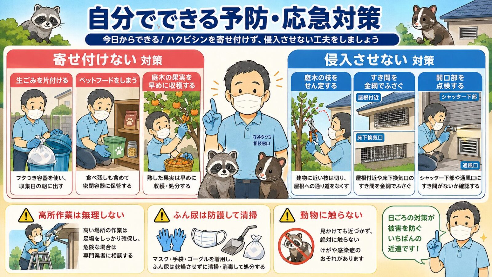北区で自分でできるハクビシン予防と応急対策のイラスト