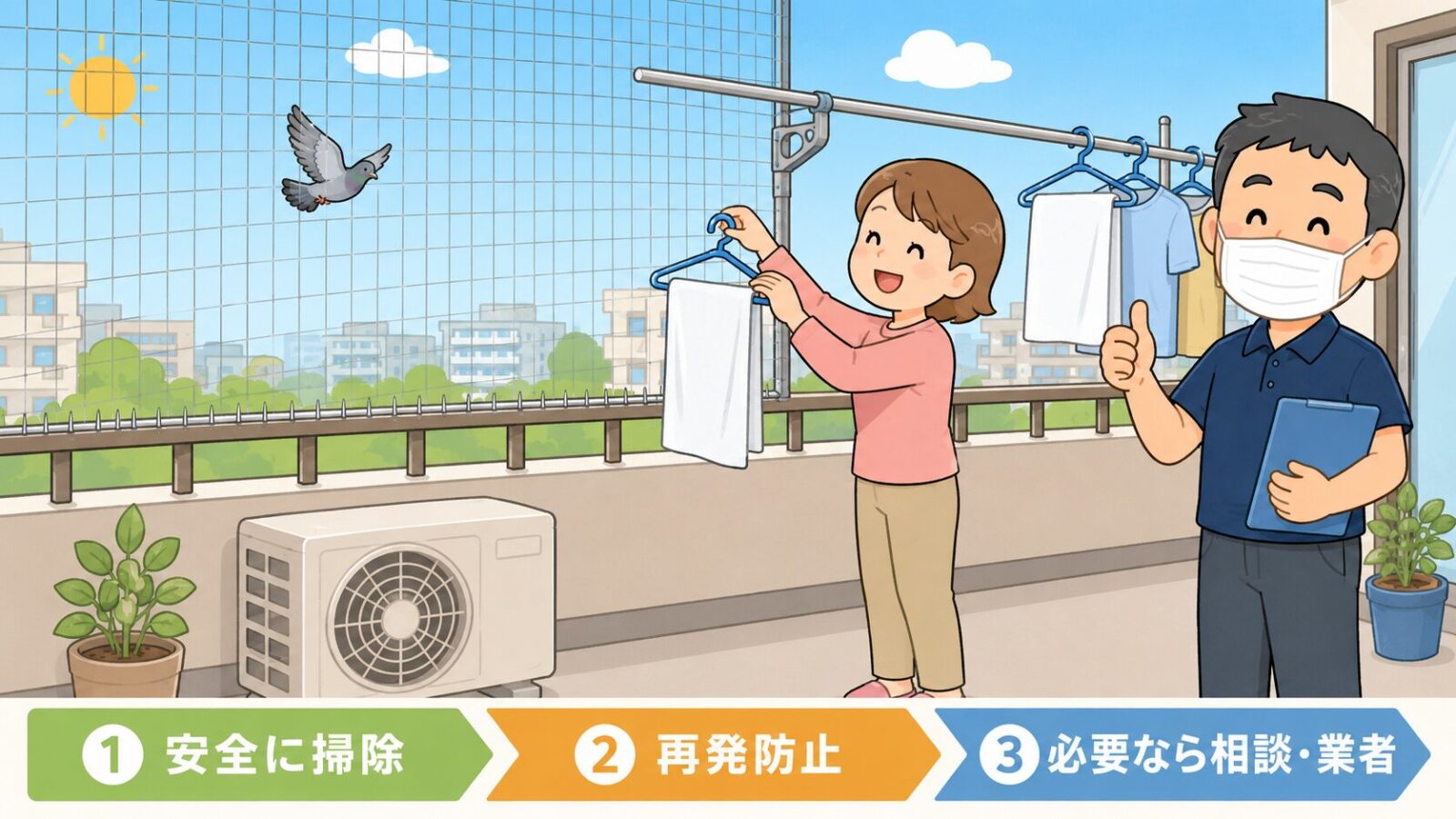 ハトのベランダ糞対策は、安全に掃除し、巣を確認し、防鳥ネットで再発防止することをまとめた図解。