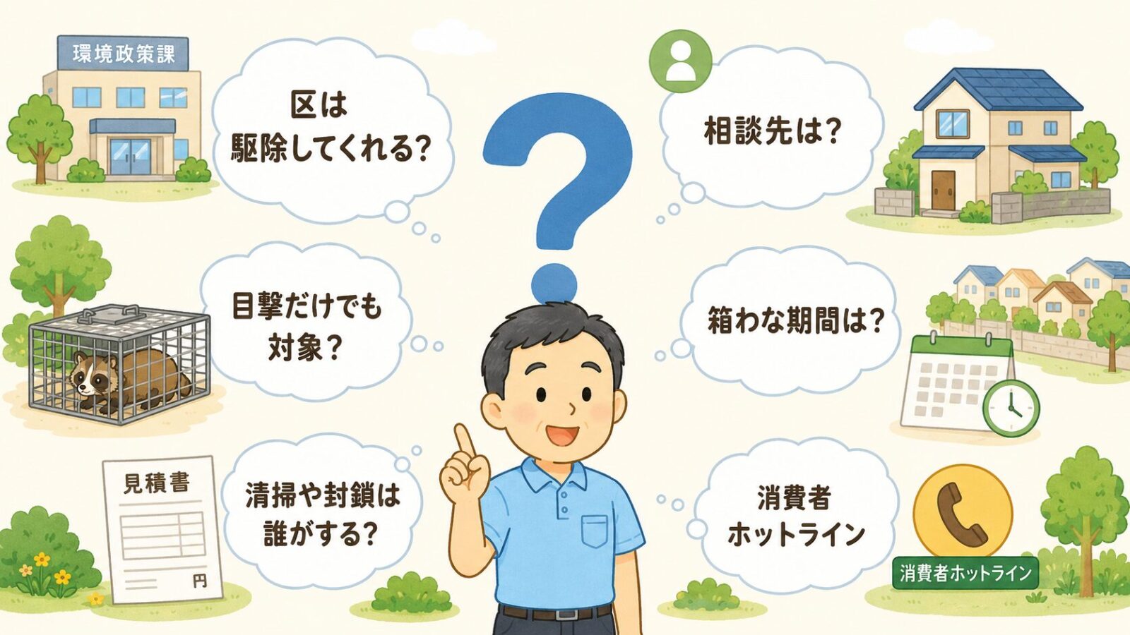板橋区のハクビシン駆除でよくある質問を整理したイラスト