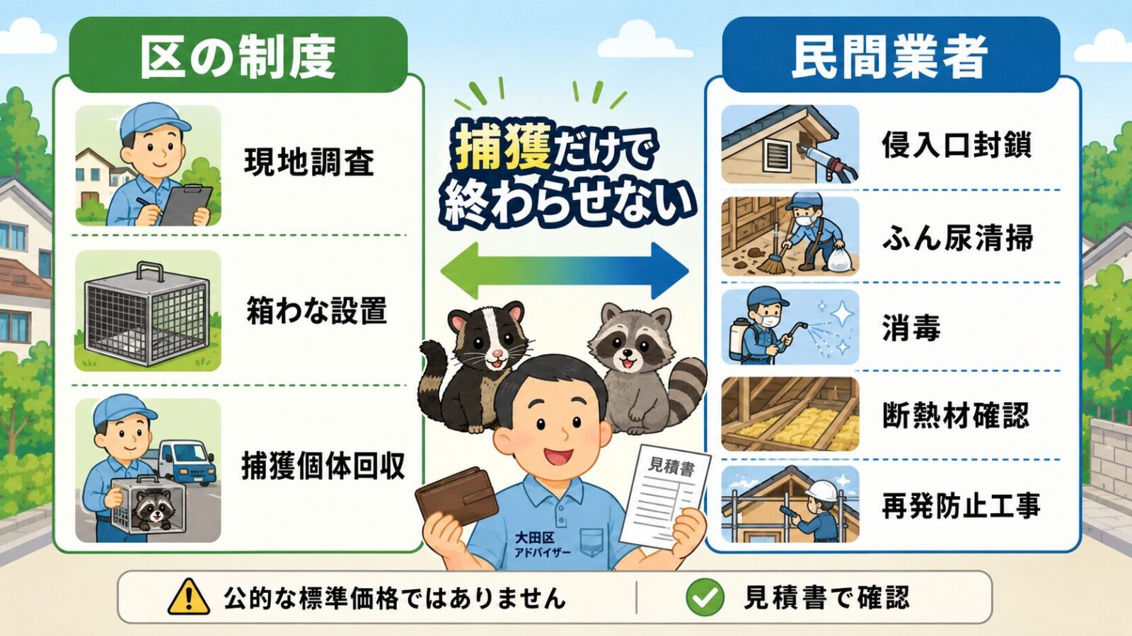 大田区の無料制度と民間業者作業の役割分担を示すいらすとや風図解