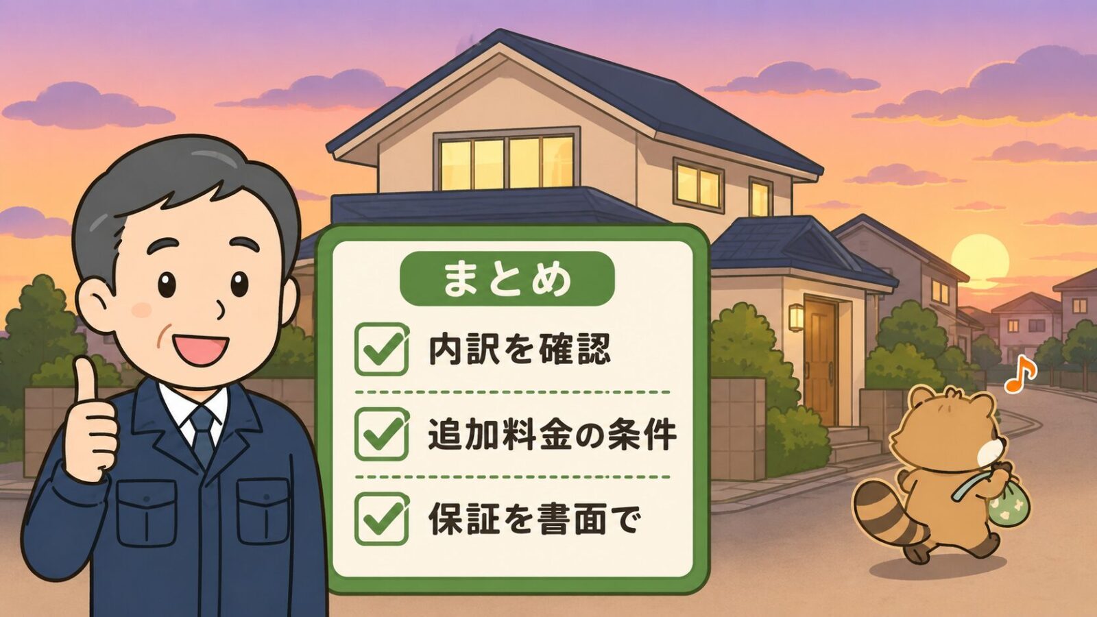 害獣駆除110番評判記事のまとめイラスト。夕暮れの一戸建てを背景に、守谷タクミ風キャラクターが「内訳を確認・追加料金の条件・保証を書面で」の3つにチェックが入ったリストを掲げてサムズアップ。アライグマが穏やかに立ち去るいらすとや風の構図。