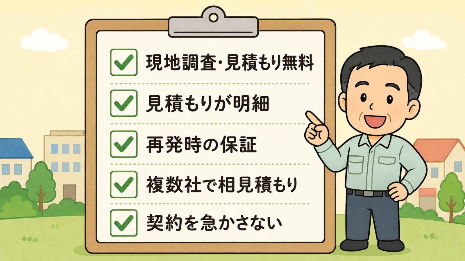 足利市の害獣駆除で失敗しない業者選び5つのチェックポイントを示す図。現地調査見積もり無料・見積もりが明細・再発時の保証・複数社で相見積もり・契約を急かさないの5項目をチェックリストで並べ、急かす業者は冷静に比較できずトラブルになりやすいと守谷タクミが添えるいらすとや風イラスト。