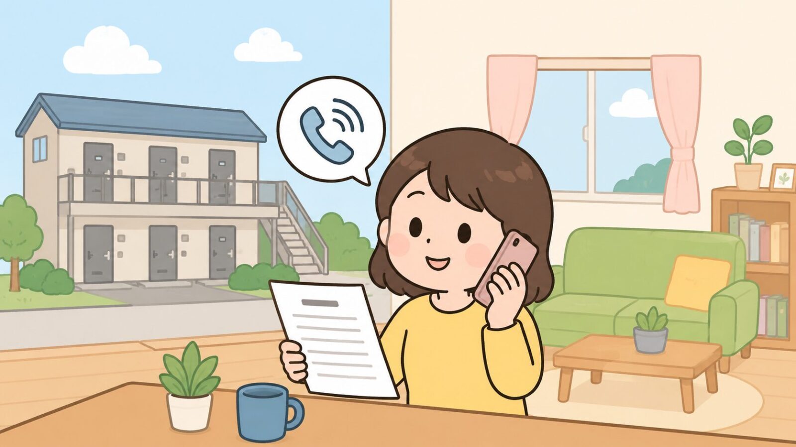 賃貸アパートを背景に、入居者の女性が契約書を手にスマートフォンで大家や管理会社へ電話相談しているいらすとや風イラスト。賃貸でネズミが出たときは自己判断せず貸主へ連絡することを示すH2見出し画像。
