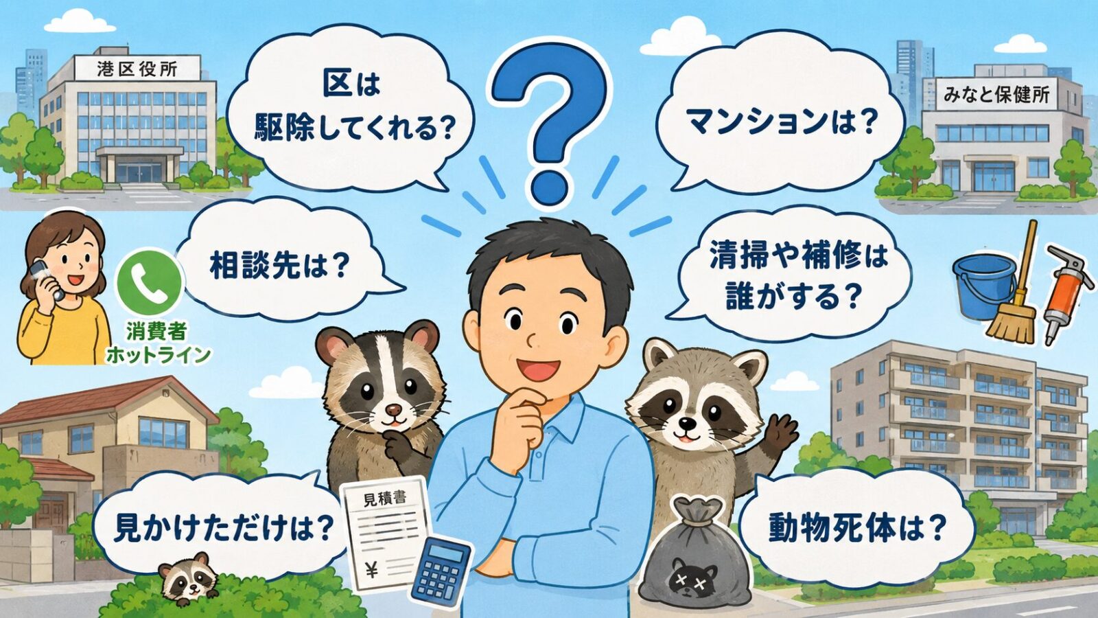 港区のハクビシン駆除でよくある質問を整理したイラスト
