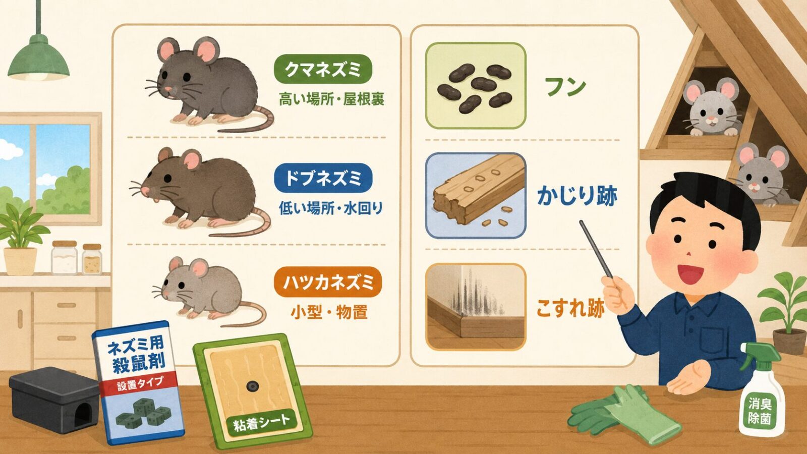 ネズミの種類とラットサインの見分け方を示す図。クマネズミ(高い場所・屋根裏)・ドブネズミ(低い場所・水回り)・ハツカネズミ(小型・物置)の3種と、フン・かじり跡・黒い汚れ(ラブマーク)などのラットサインを守谷タクミが解説するいらすとや風イラスト。