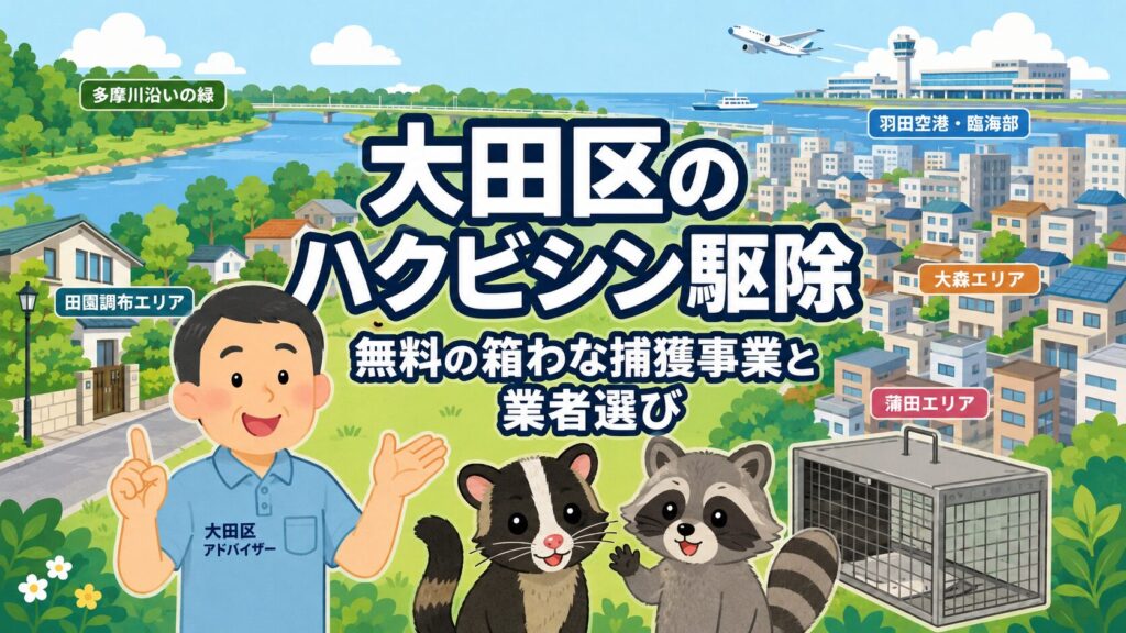大田区の住宅地、多摩川、羽田方面を背景に、守谷タクミとかわいいハクビシン・アライグマ、箱わなを描いた大田区ハクビシン駆除のアイキャッチ画像