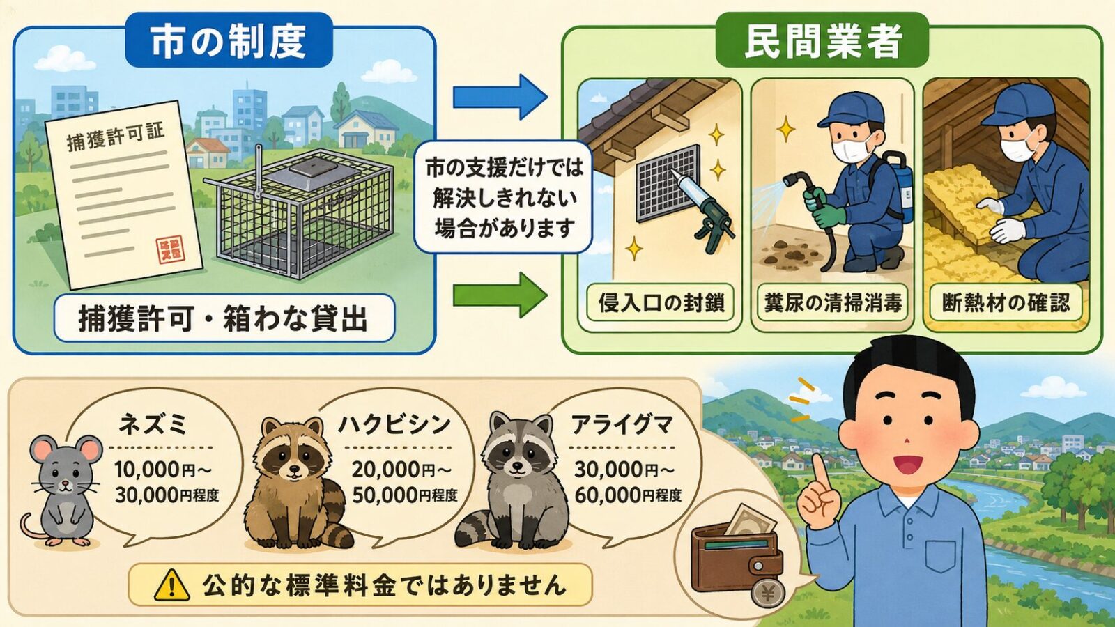 栃木市の害獣駆除で、市の制度だけでは足りない封鎖、清掃、消毒、保証と費用相場の考え方を示した図解