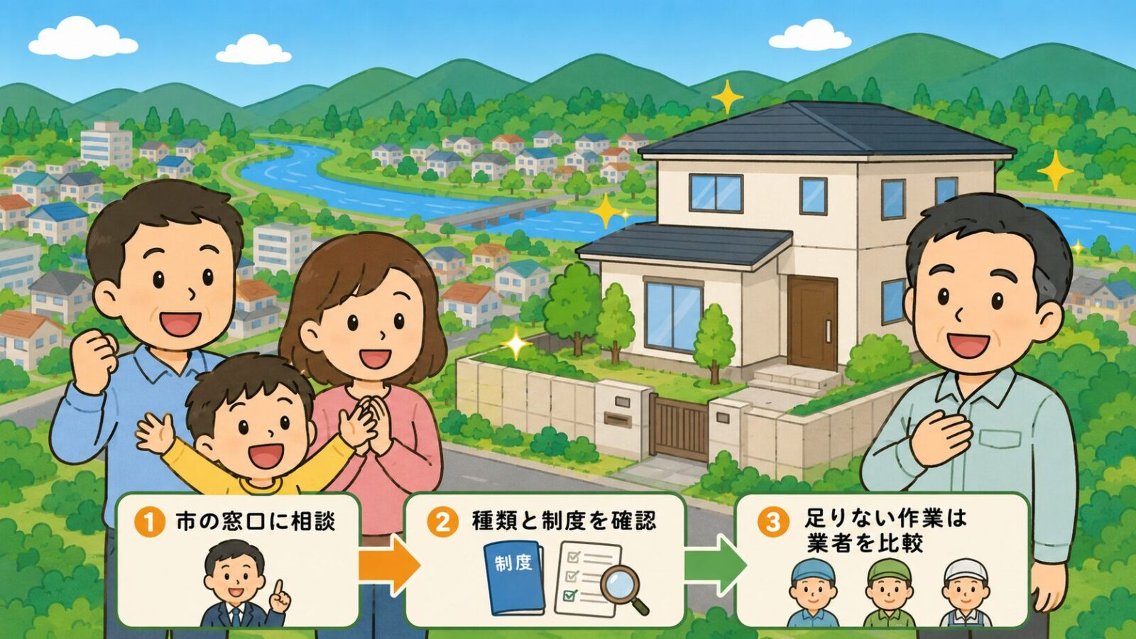 足利市の害獣駆除のまとめ図。公式窓口への相談から業者選びまでとして、市の窓口に相談・害獣の種類と制度を確認・足りない作業は業者を比較の3ステップと、捕獲や補助は市の制度で建物側は民間業者・費用は参考相場で現地調査で変動・急がず複数社を比較という注意を、解決後の家族の笑顔とともに示すいらすとや風イラスト。