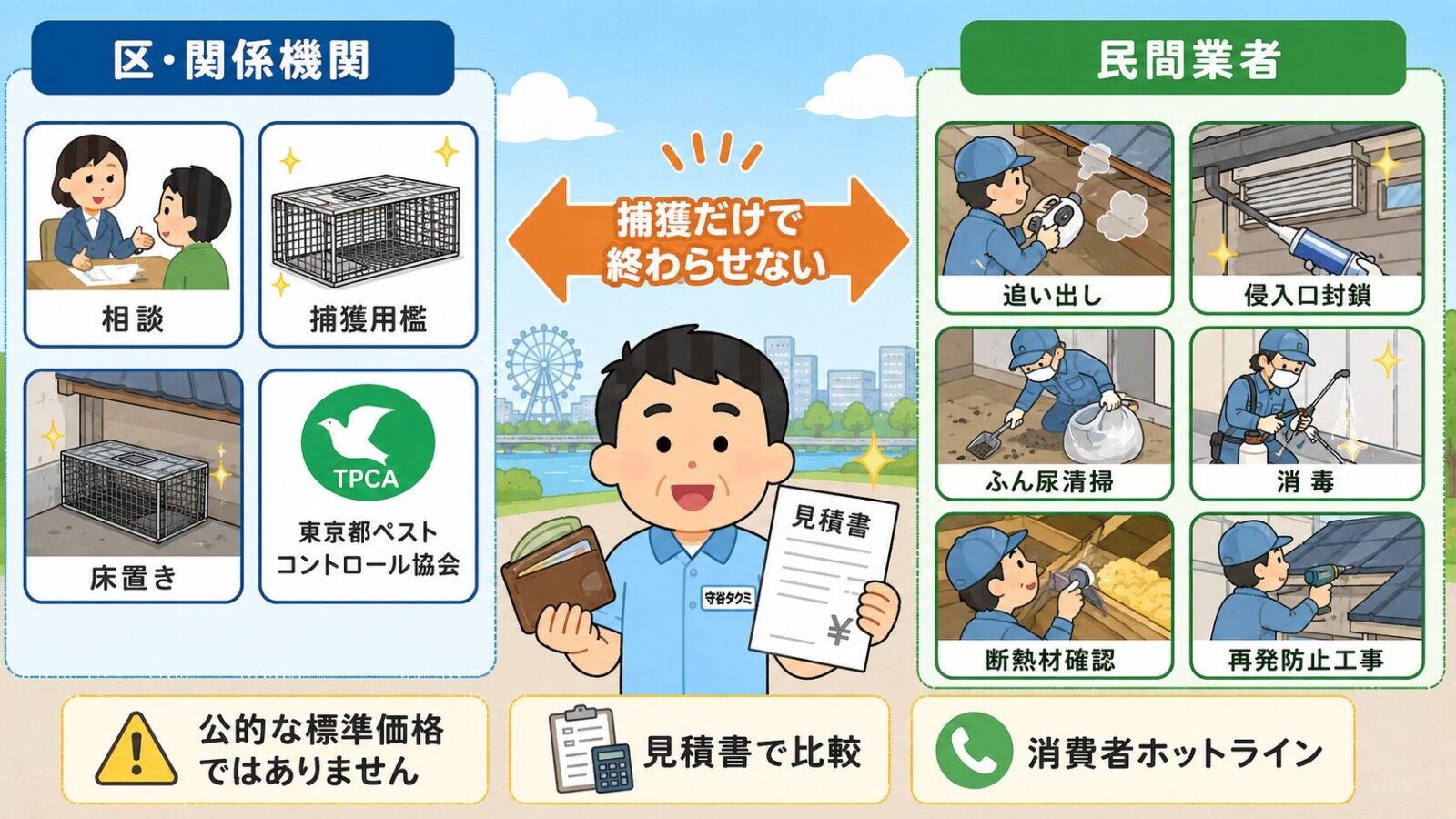 江戸川区の捕獲相談と民間業者による清掃、封鎖、再発防止の役割分担を示す図解