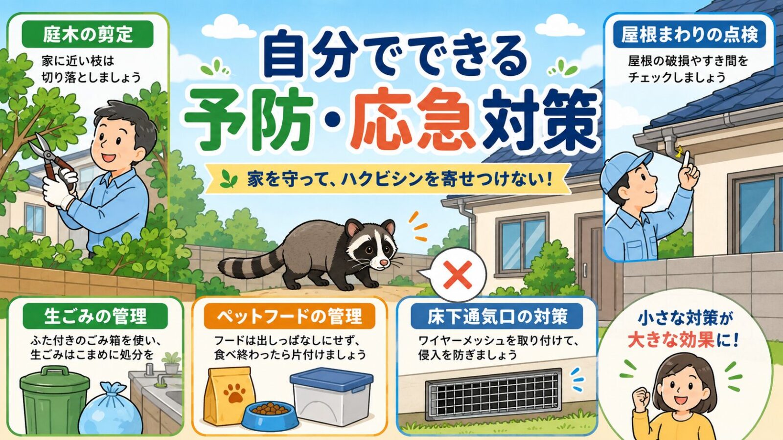 豊島区で自分でできるハクビシン予防と応急対策のイラスト