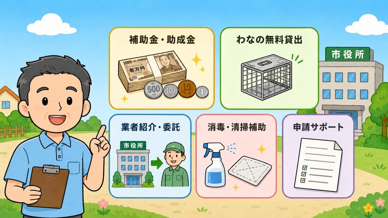 害獣駆除の補助金で国の制度と自治体制度の違いを示す図解