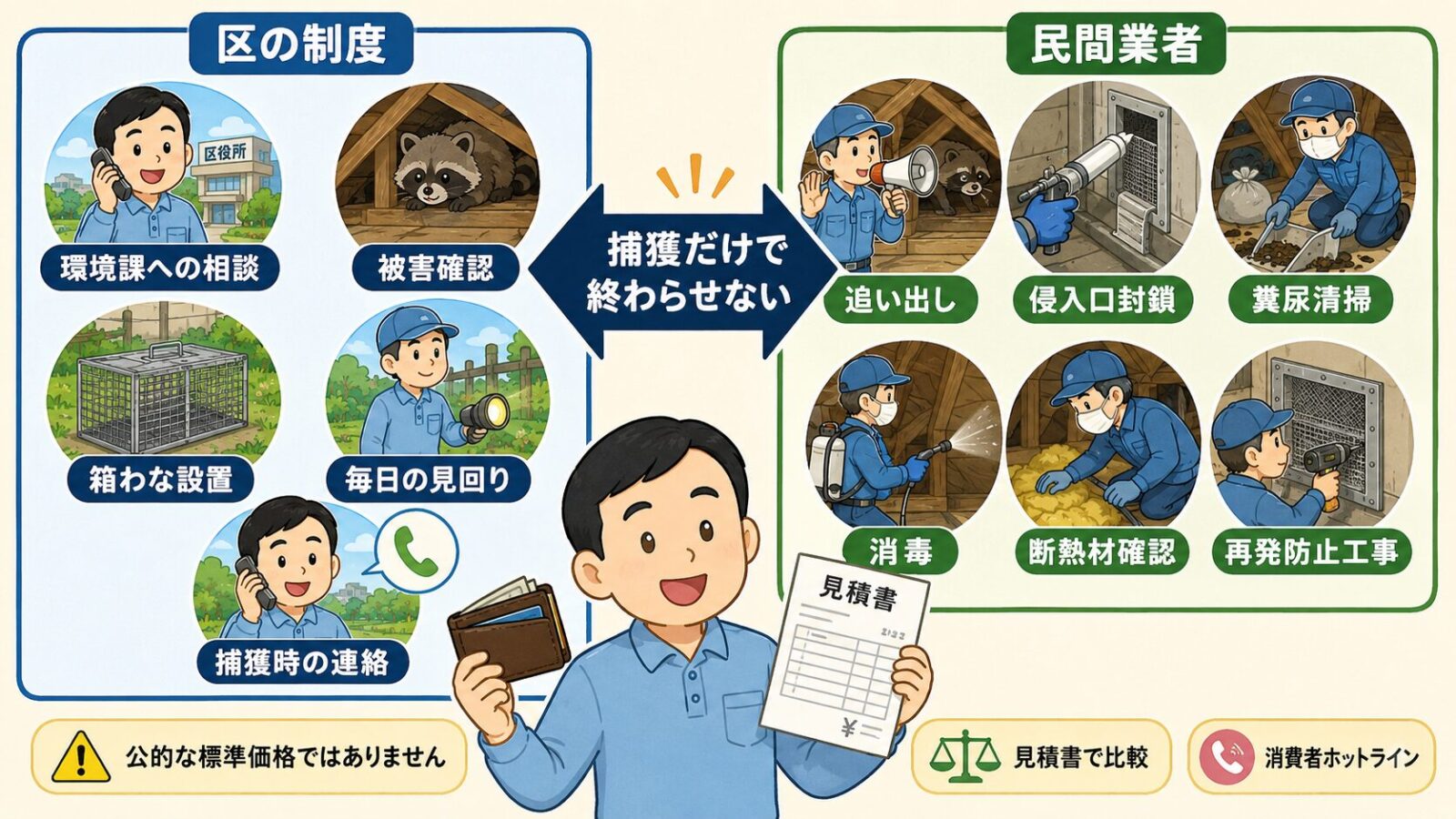 杉並区の箱わな設置制度と民間業者による侵入口封鎖、糞尿清掃、消毒、再発防止の役割分担を示す図解