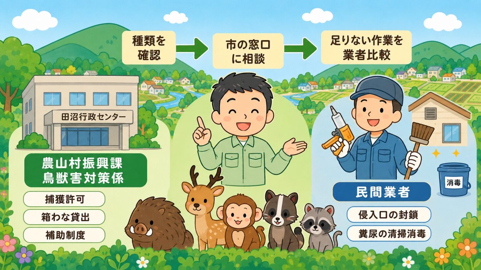 佐野市の害獣駆除で、農山村振興課への相談、捕獲許可、箱わな貸出、補助制度、民間業者の役割分担を示した図解