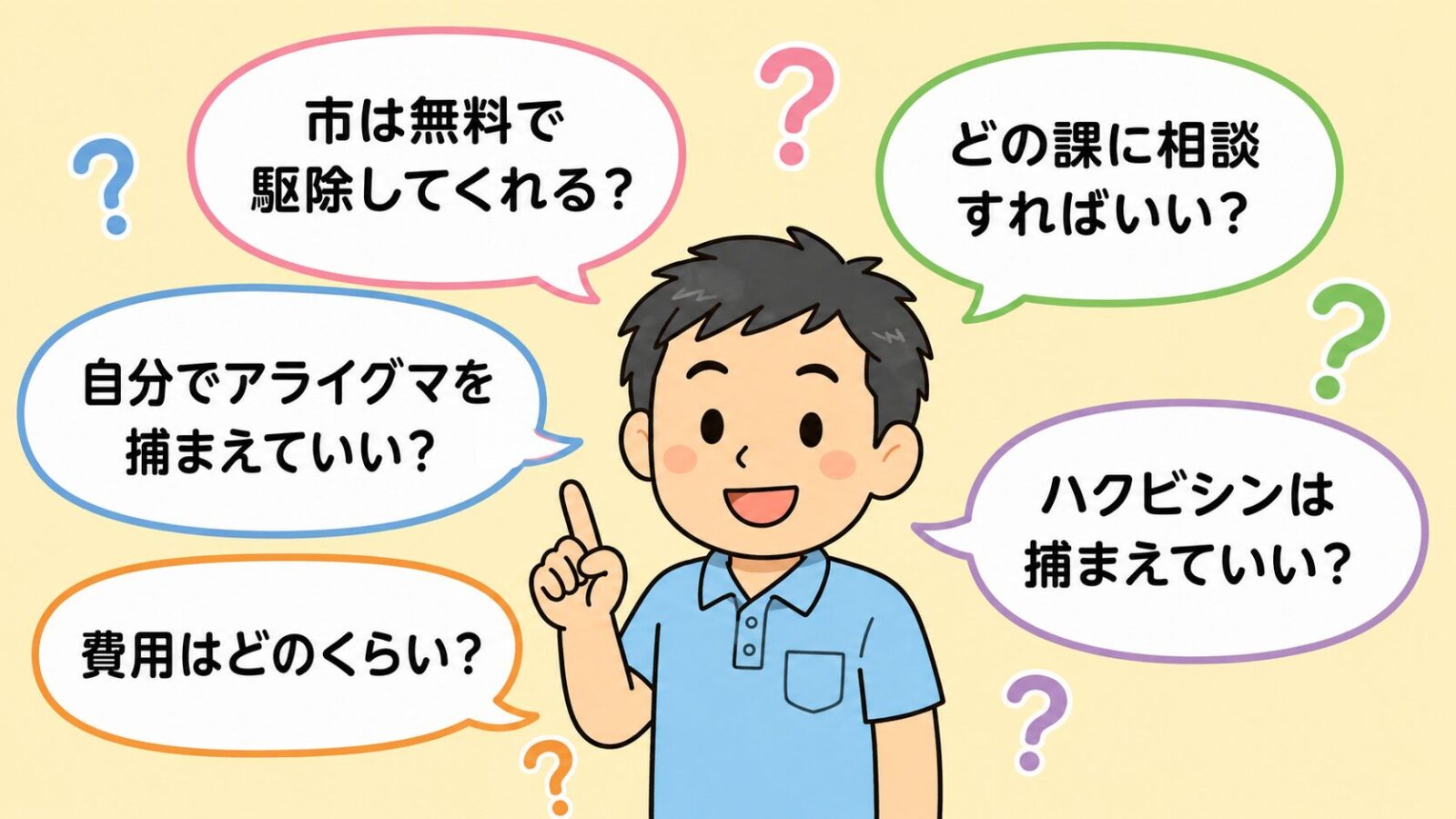 守谷市の害獣駆除のよくある質問の図。市は無料で駆除してくれるか・どの課に相談すればいいか・自分でアライグマを捕まえていいか・ハクビシンは捕まえていいか・費用はどのくらいかの5つの疑問を吹き出しで整理したいらすとや風イラスト。