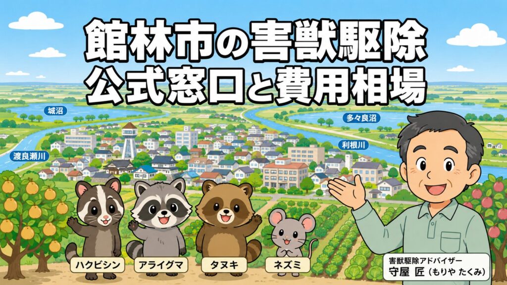 館林市の害獣駆除ガイドのメインアイキャッチ。関東平野北部の低地と台地からなる平坦な地形と城沼・多々良沼などの沼・利根川・渡良瀬川を背景に、守谷タクミがハクビシン・アライグマ・タヌキ・ネズミのキュートなキャラクターとともに公式窓口と費用相場を案内するいらすとや風イラスト。