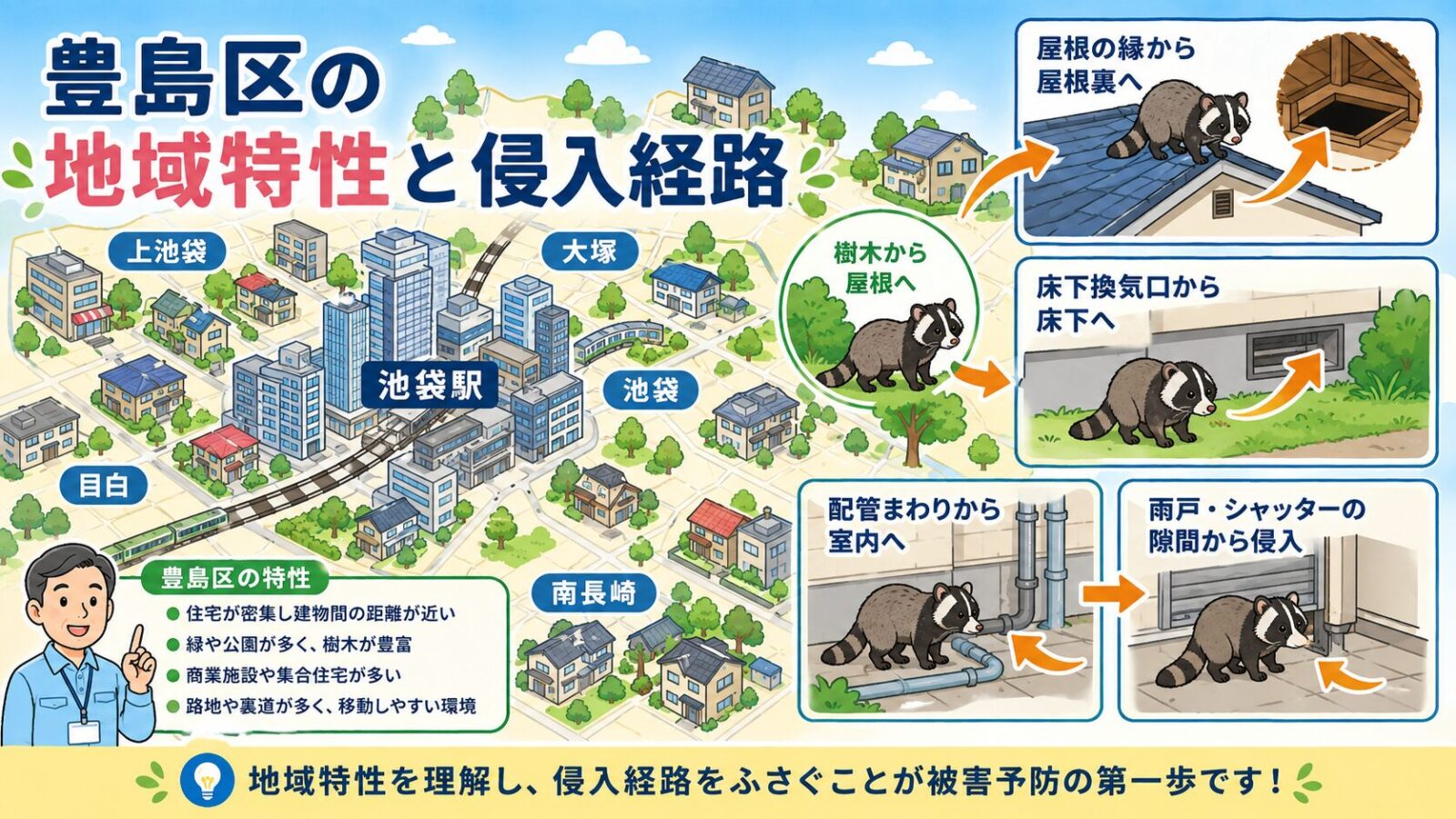 豊島区の地域特性とハクビシンの侵入経路を示す模式マップ