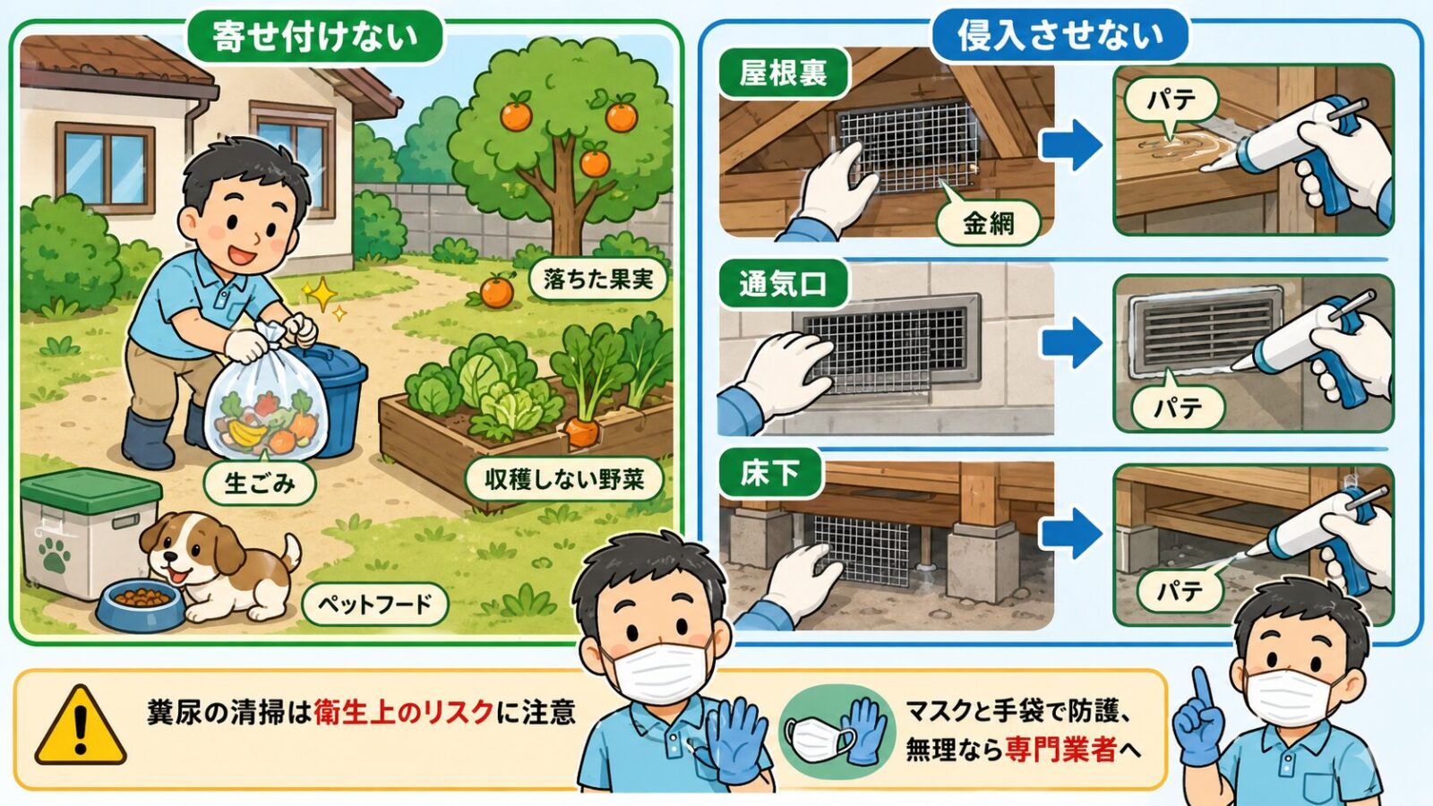 取手市で自分でできる害獣の予防・応急対策を示す図。寄せ付けない（生ごみ・落ちた果実・収穫しない野菜・ペットフードを置かない）と侵入させない（屋根裏・通気口・床下のすき間を金網やパテで塞ぐ）の2本柱を守谷タクミが案内し、糞尿の清掃は衛生上のリスクに注意し防護のうえか専門業者へと添えるいらすとや風イラスト。