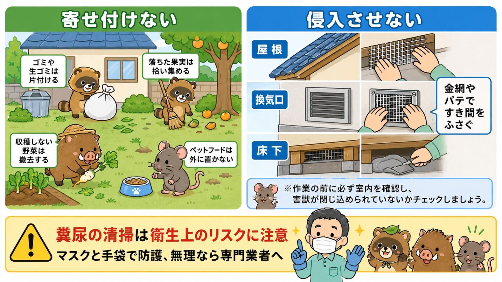 日光市で自分でできる害獣の予防・応急対策を示す図。寄せ付けない（生ごみ・落ちた果実・収穫しない野菜・ペットフードを置かない）と侵入させない（屋根裏・通気口・床下のすき間を金網やパテで塞ぐ）の2本柱を守谷タクミが案内し、糞尿の清掃は衛生上のリスクに注意し防護のうえか専門業者へと添えるいらすとや風イラスト。