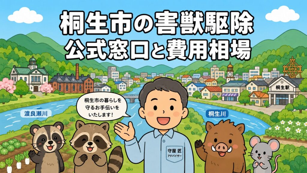 桐生市の害獣駆除ガイドのメインアイキャッチ。林野が広がる山々と渡良瀬川・桐生川沿いの織物のまちの市街地を背景に、守谷タクミがハクビシン・アライグマ・イノシシ・ネズミのキュートなキャラクターとともに公式窓口と費用相場を案内するいらすとや風イラスト。
