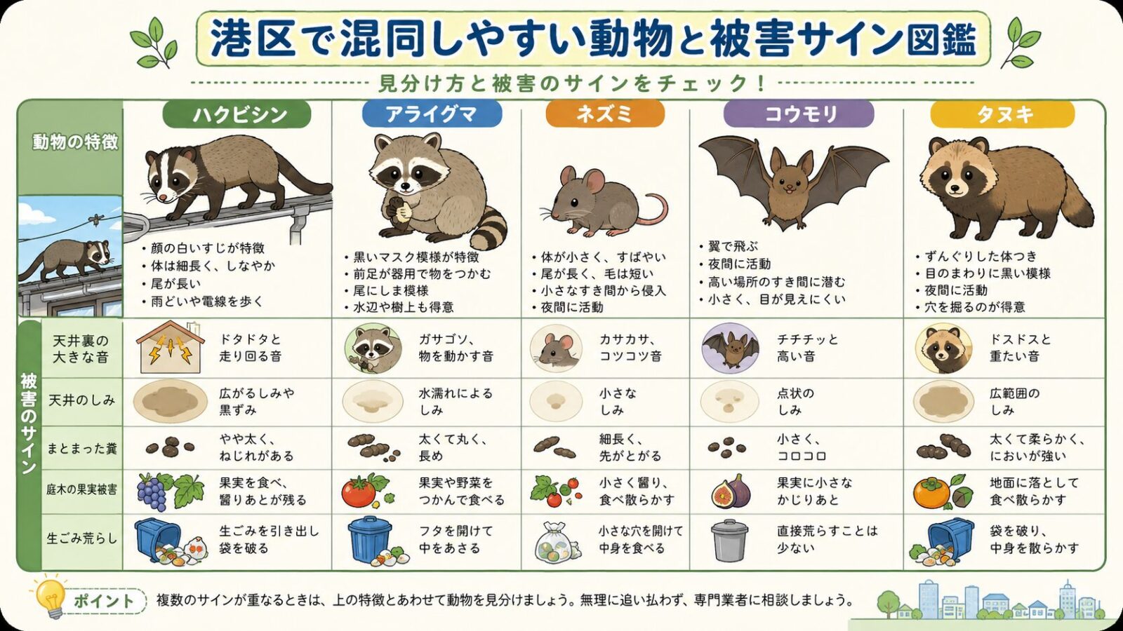 港区で混同しやすいハクビシンとアライグマの特徴と被害サイン