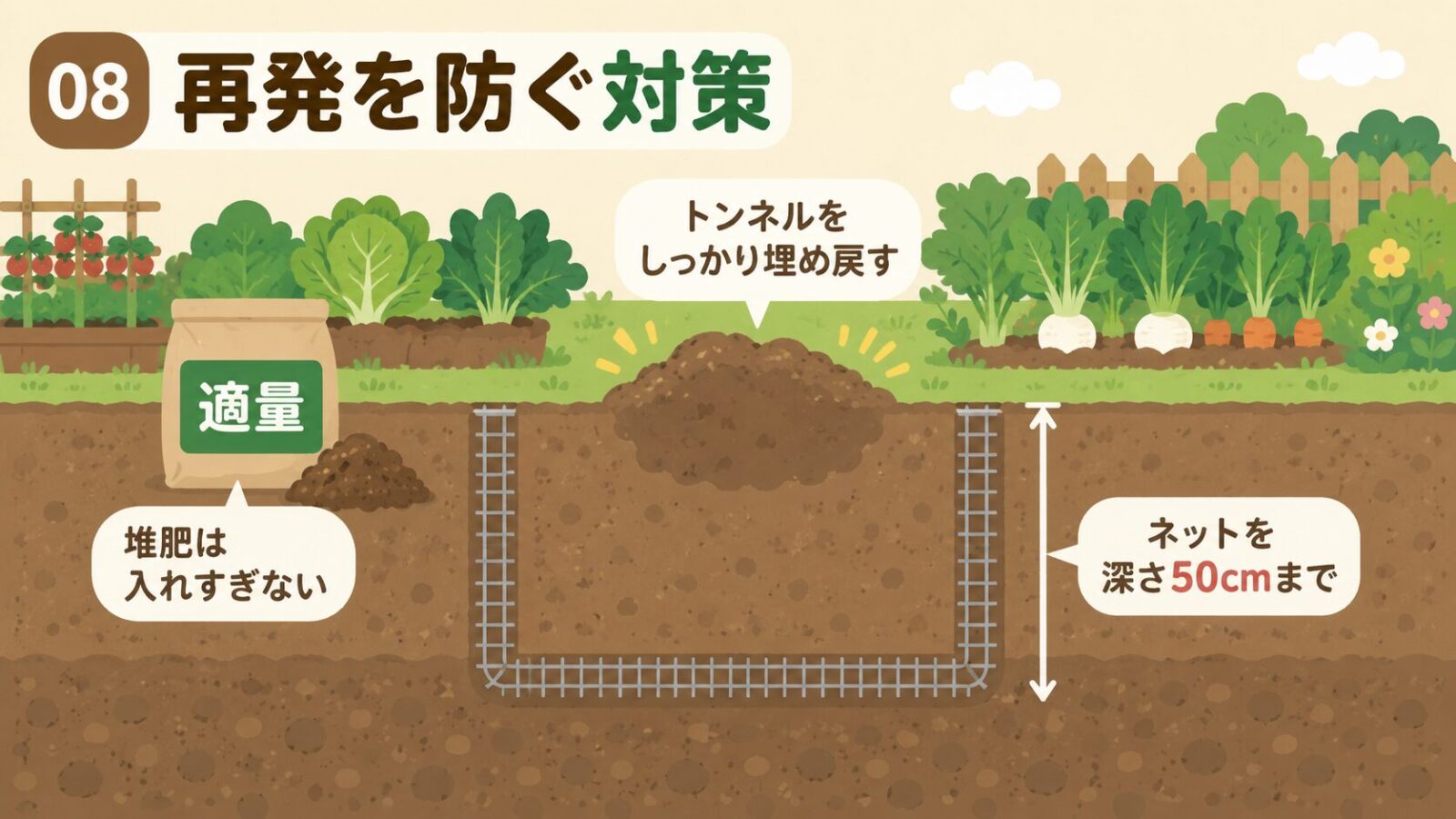 モグラの再発を防ぐ対策を示すいらすとや風の断面図イラスト。花壇の周囲に深さ50cmまで埋めた金網ネット、適量の堆肥袋、埋め戻したトンネルを描き、エサ環境と侵入ルートの見直しを図解。