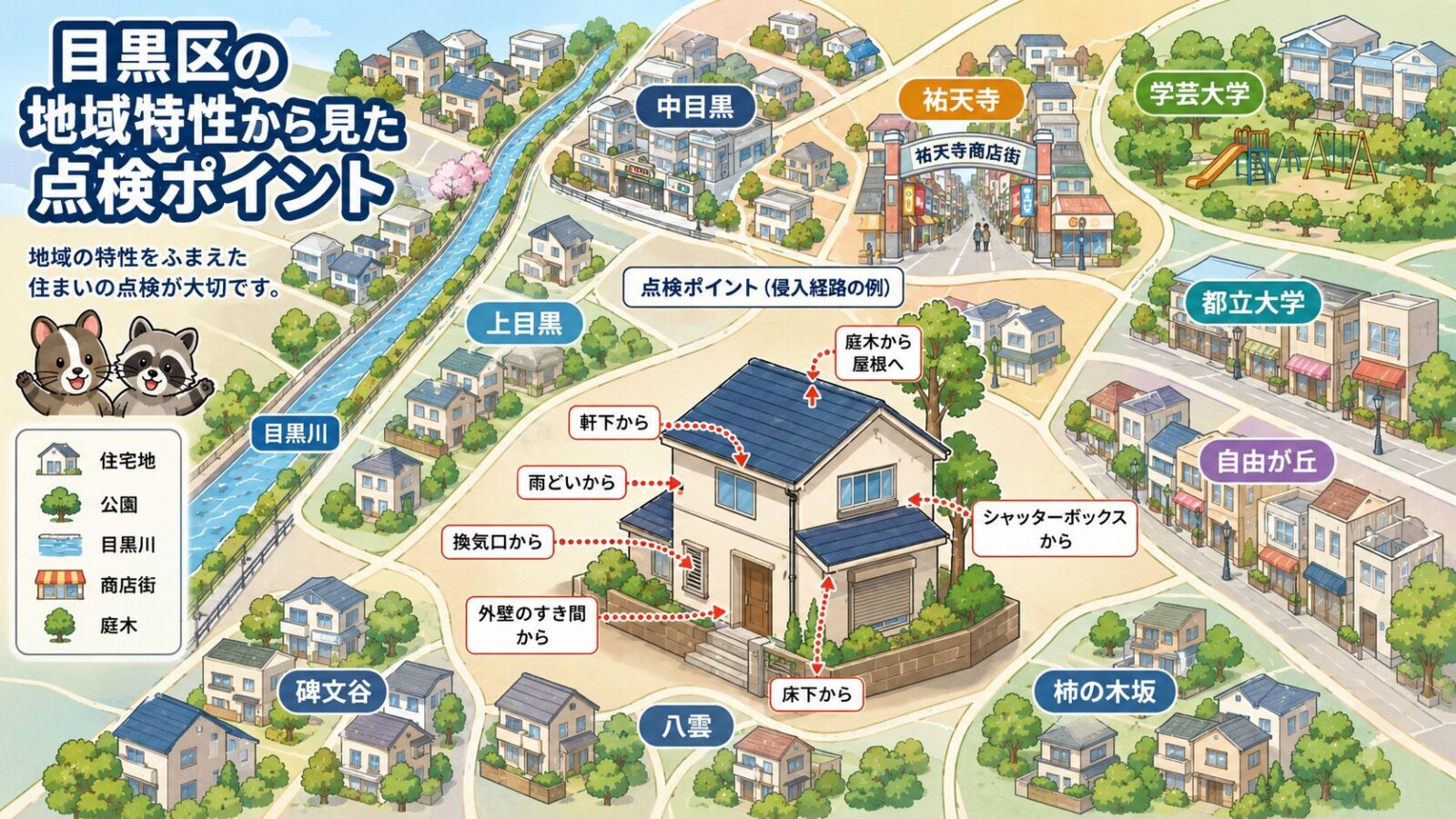 目黒区の地域特性とハクビシンの侵入経路を示す模式マップ