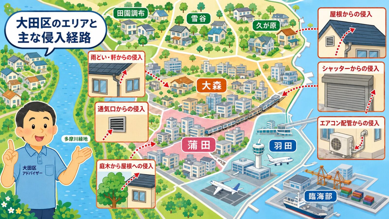 大田区の街並みで注意したいハクビシンの侵入経路を示す模式マップ風イラスト