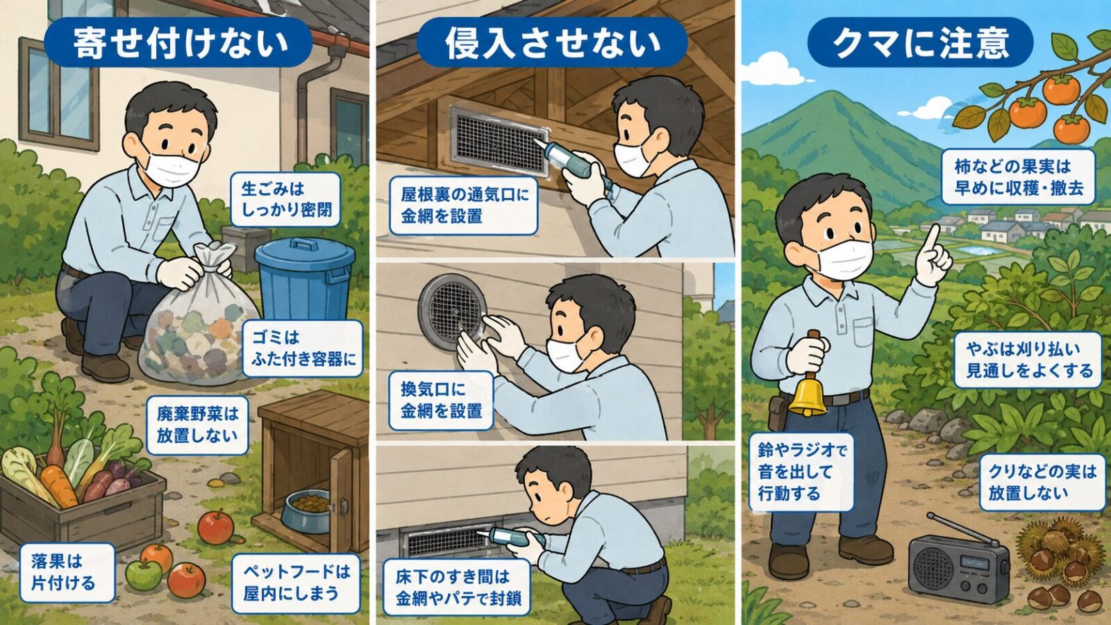 害獣を寄せ付けない対策、侵入させない対策、電気柵や清掃時の注意を示した図解。