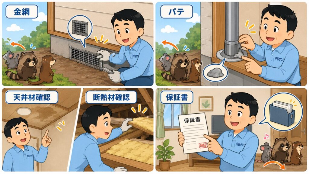 害獣の再発防止と修繕で確認すべきポイントを5コマで示した図解。通気口への金網の取り付け、配管まわりの隙間のパテ埋め、天井材のシミの確認、断熱材の状態の確認、保証書の書面化を、作業する守谷タクミのイラストで表している。封鎖された家の外では、ネズミやハクビシン、イタチが入れずに引き返している。