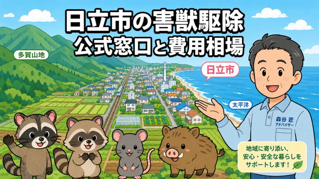 日立市害獣駆除 メインアイキャッチ のいらすとや風イラスト