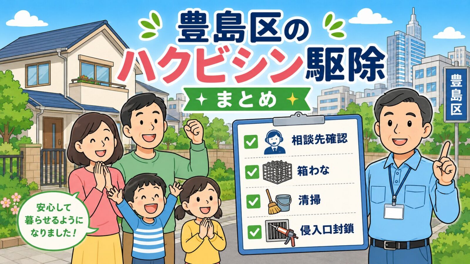 豊島区のハクビシン被害が解決して安心した家族と守谷タクミを描いたまとめ画像