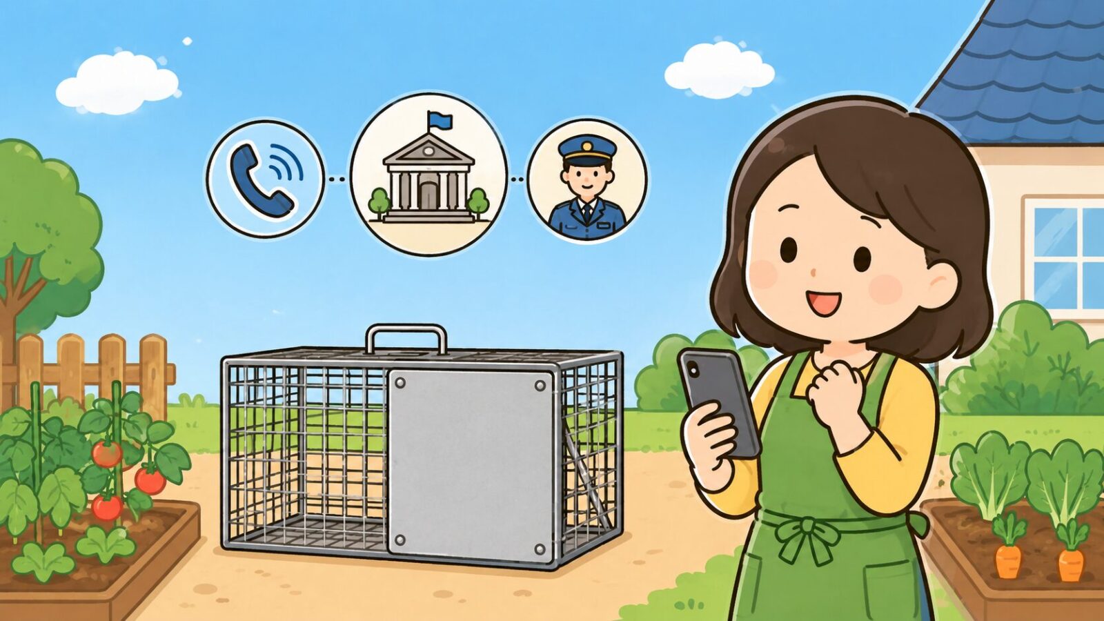 庭先で、空になった箱わなのそばに立つ住人がスマートフォンを手に安心した表情を見せ、電話・市役所・職員のアイコンを描いたいらすとや風イラスト。捕獲後は自己判断せず自治体に連絡すれば解決に向かうことを示すまとめの画像。